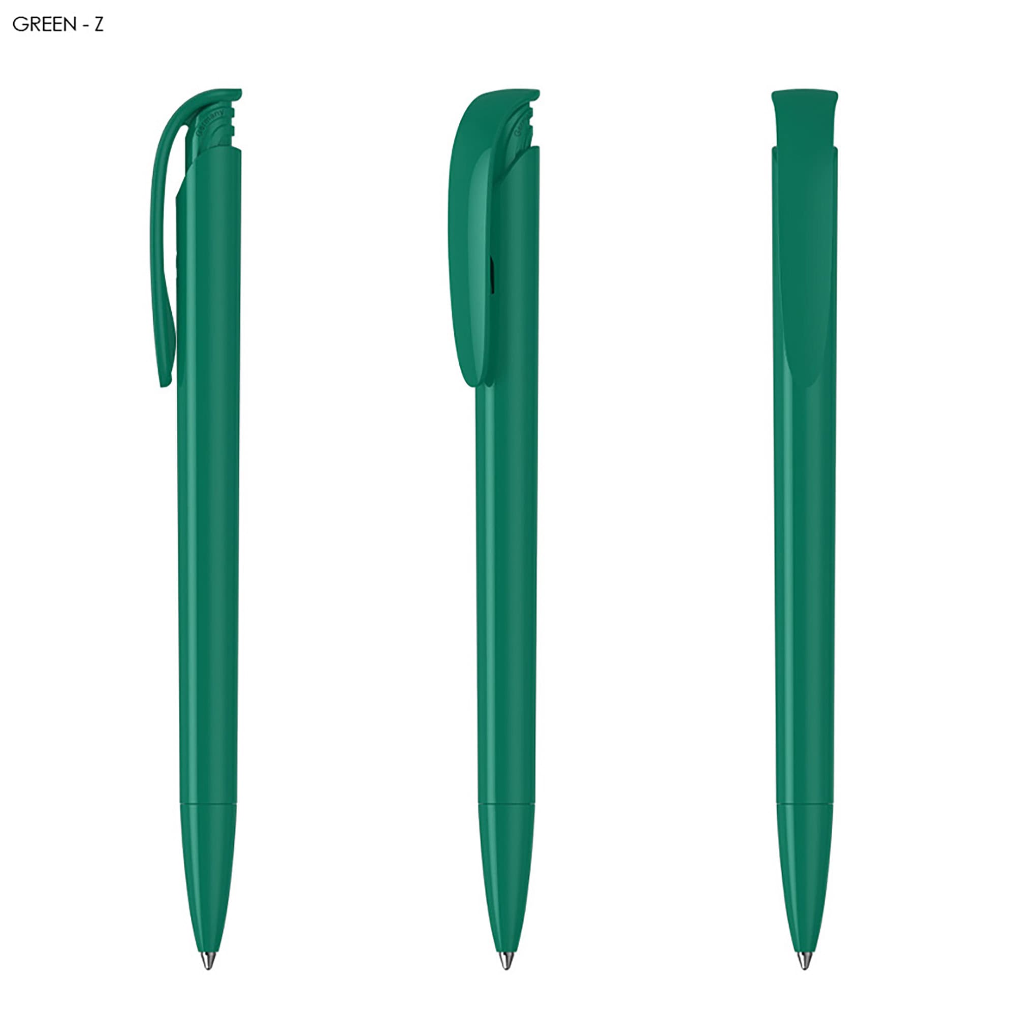 A green plastic pen with a sleek design, featuring a clip and smooth lines, shown from different angles.