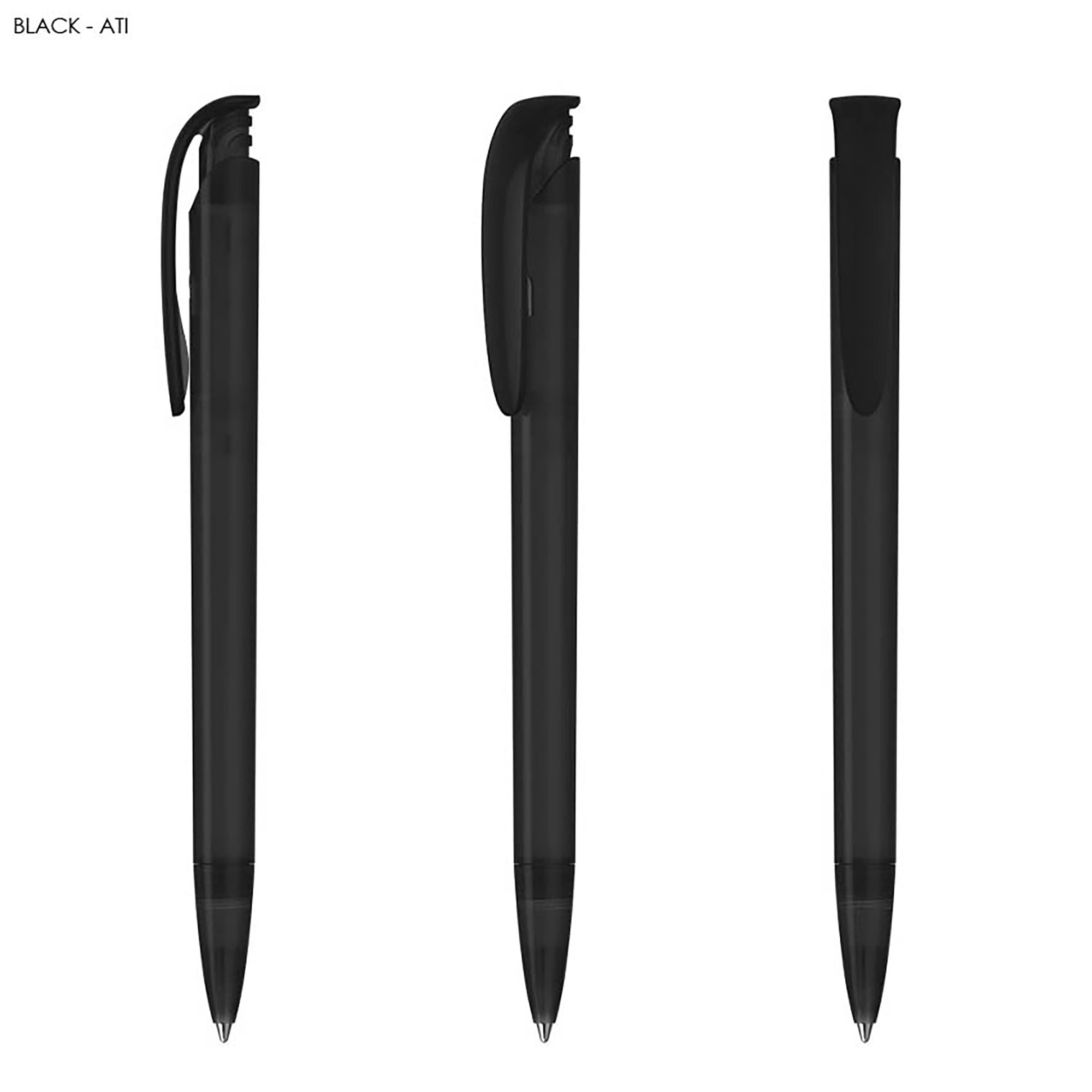 A set of three black plastic pens, featuring a sleek design and clips for easy attachment.