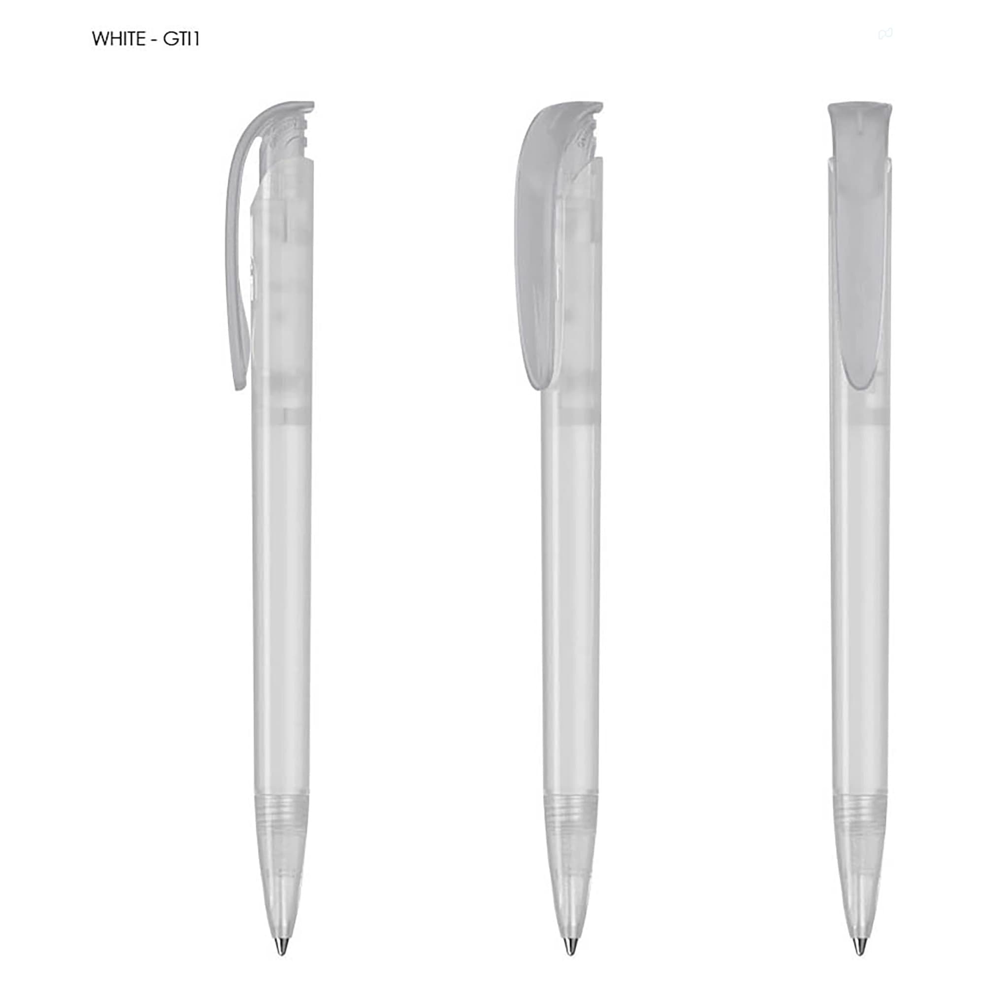 A set of white plastic pens with clear bodies and retractable clips, featuring a modern design.