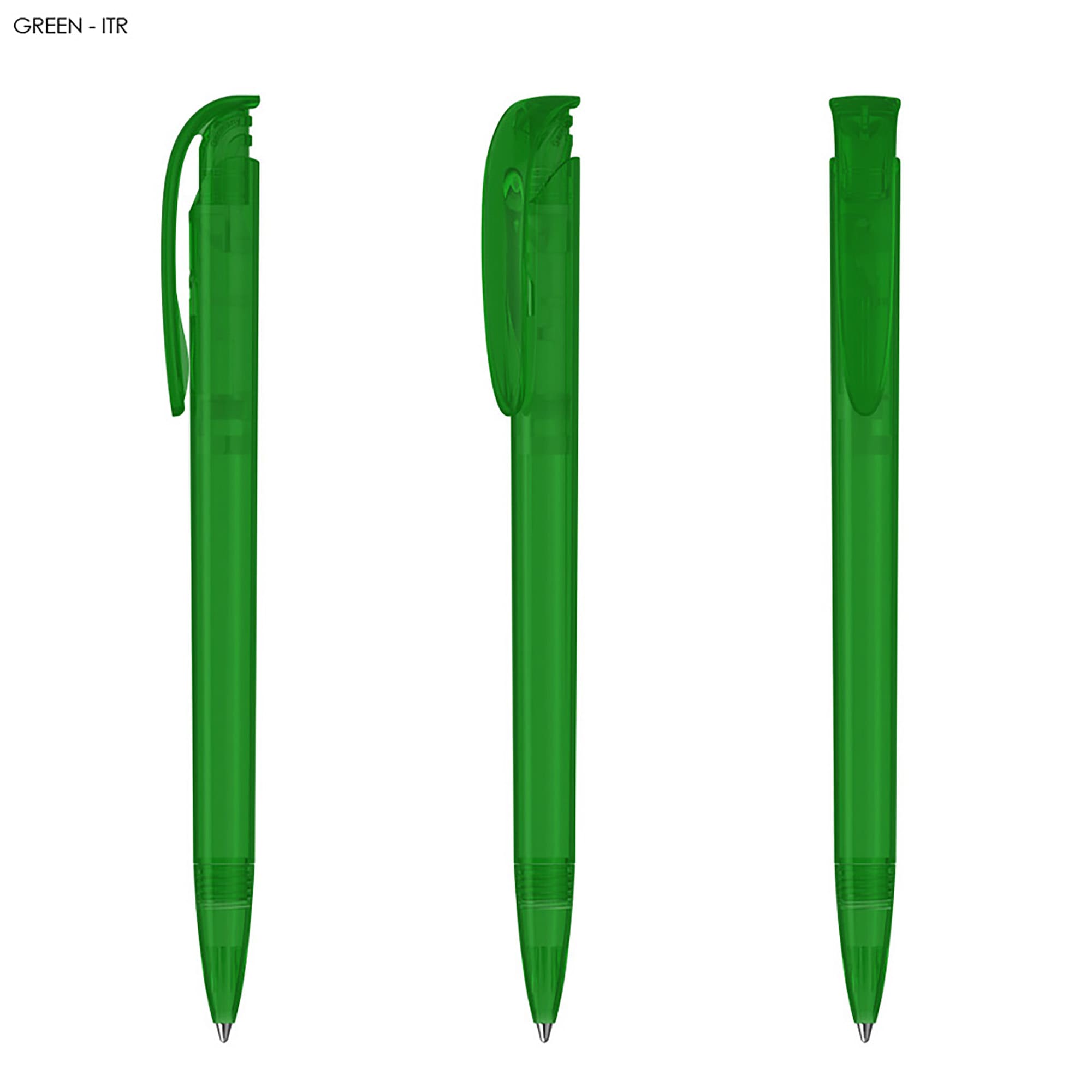 A set of green plastic pens with translucent bodies and clip caps, displayed from multiple angles.