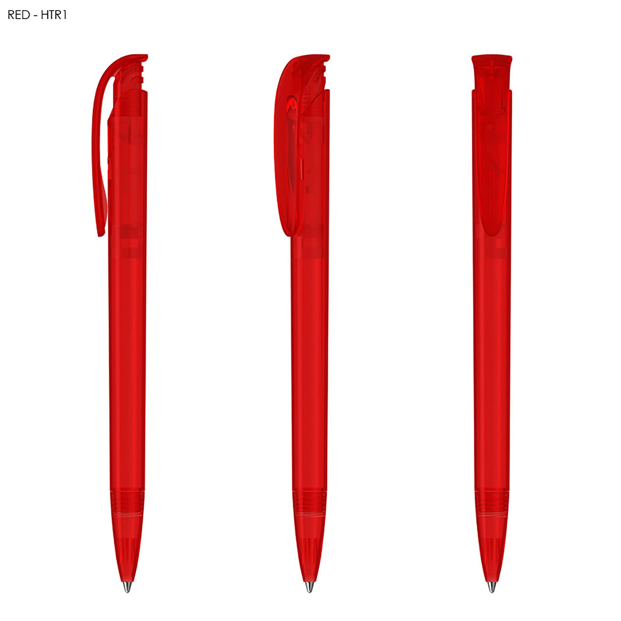 A red transparent plastic pen with a clip, displayed from multiple angles. It features a smooth barrel design.