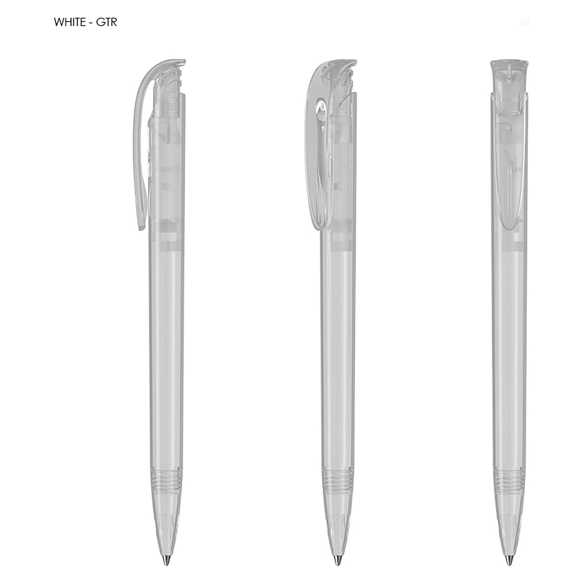 A transparent plastic pen with a white body and a clip, featuring a sleek design.