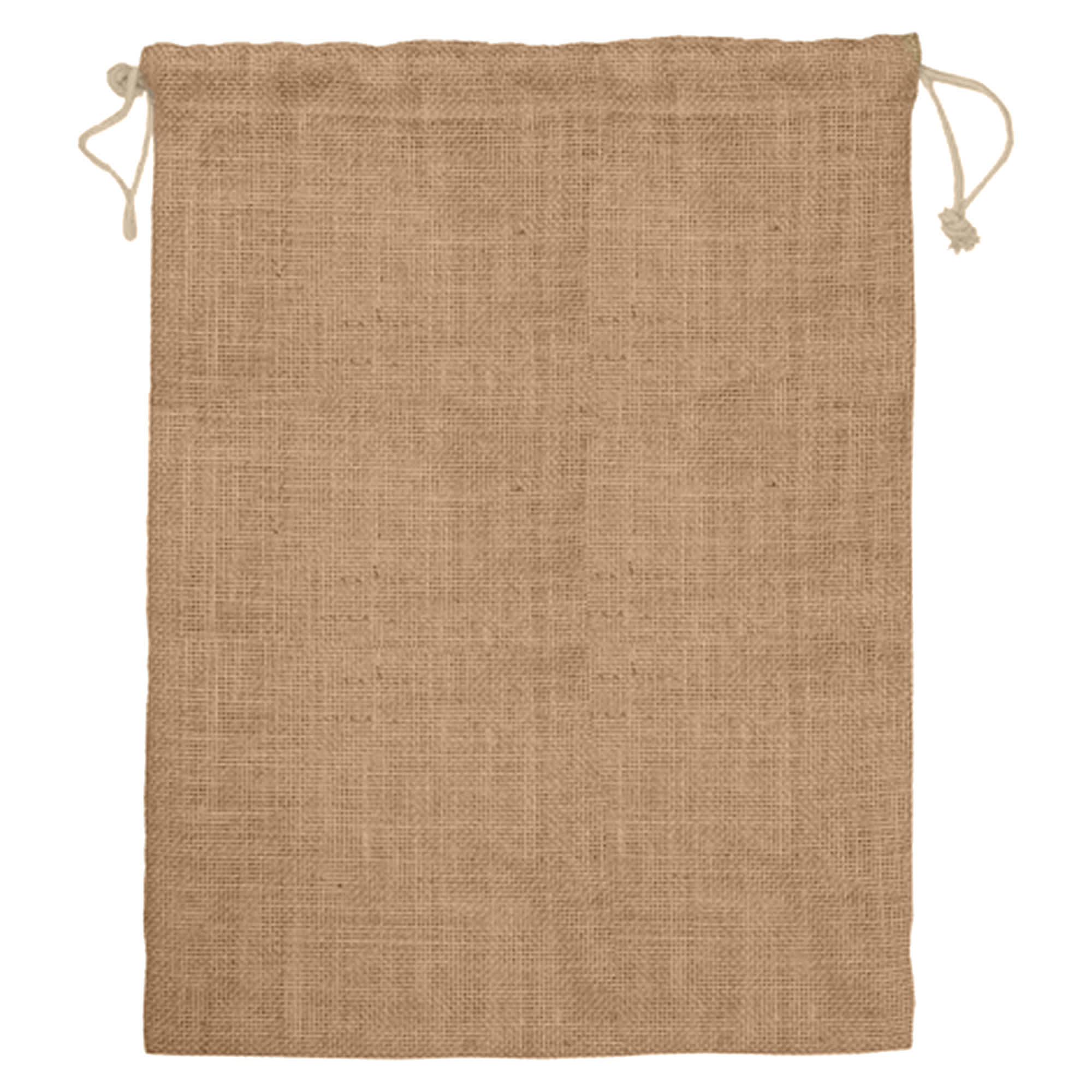 A natural jute bag with a drawstring closure, featuring a textured surface in a light brown hue.