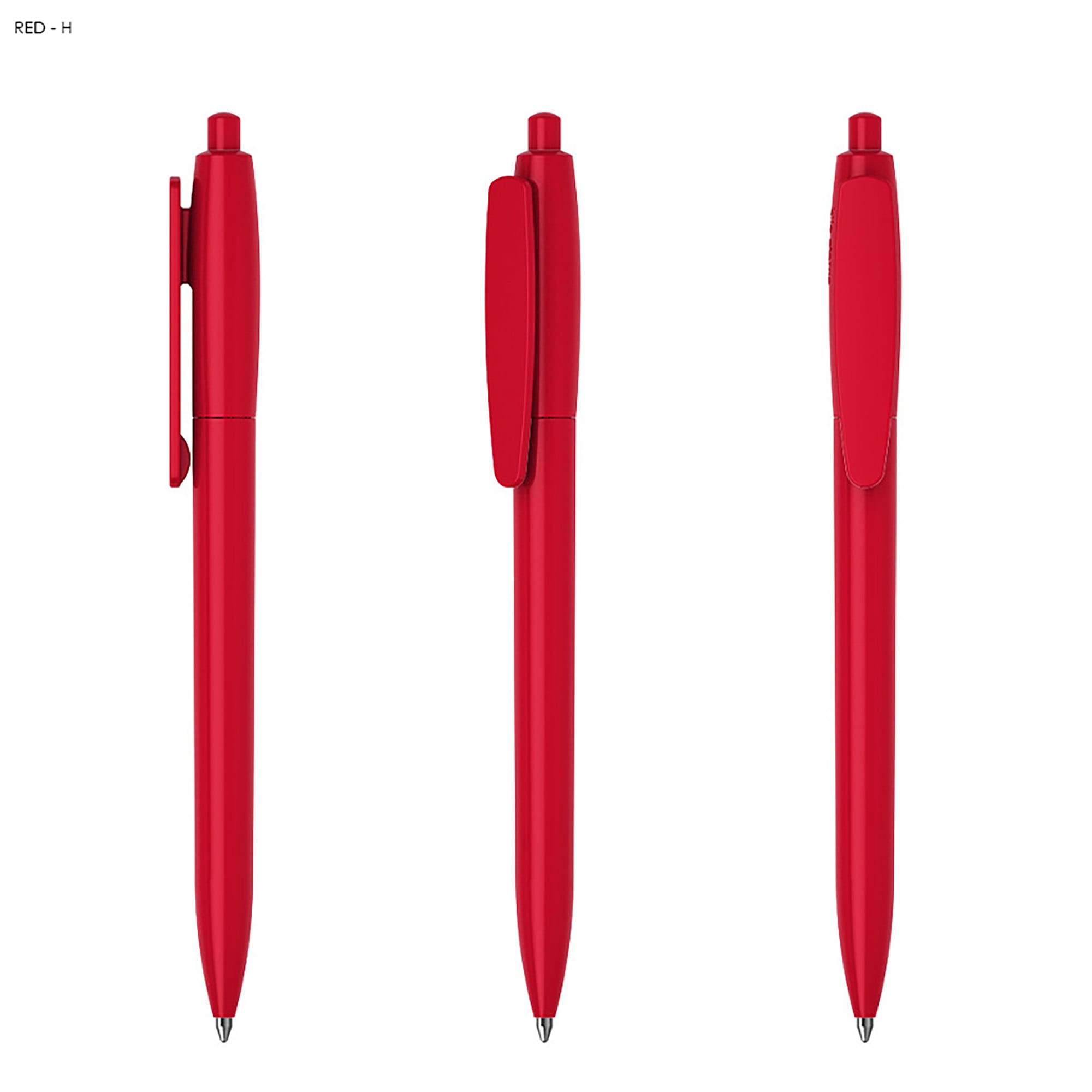 A set of three red plastic pens featuring a clip and a sleek design, with one showing the top, side, and front views.