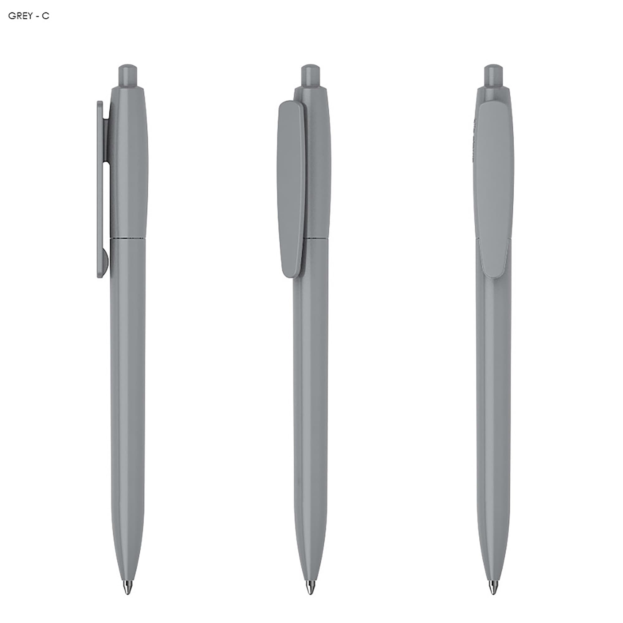 A grey plastic pen featuring a clip and smooth design, displayed from three angles. The pen has a branding logo.