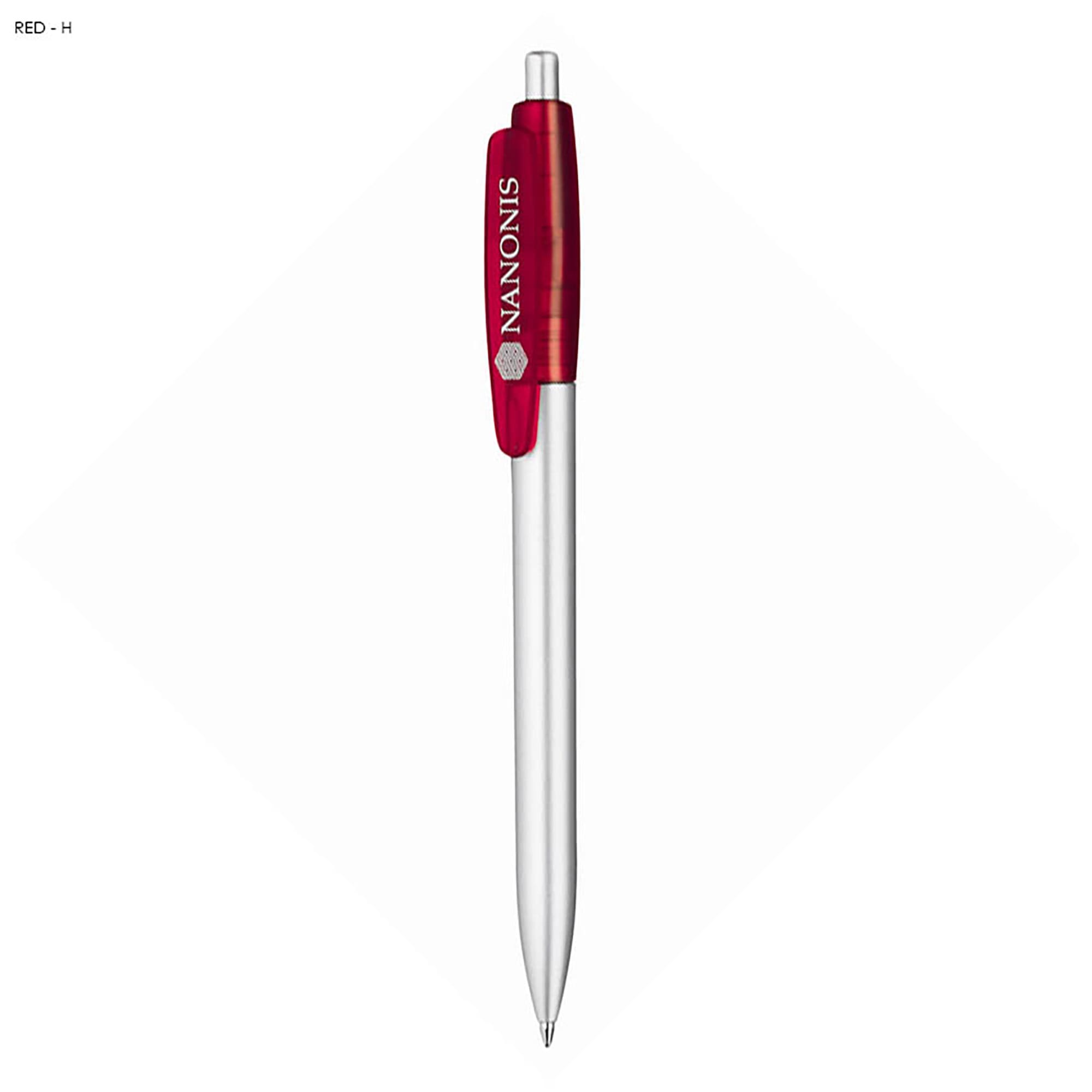 A plastic pen with a red grip and silver barrel, featuring a branding logo on the side.