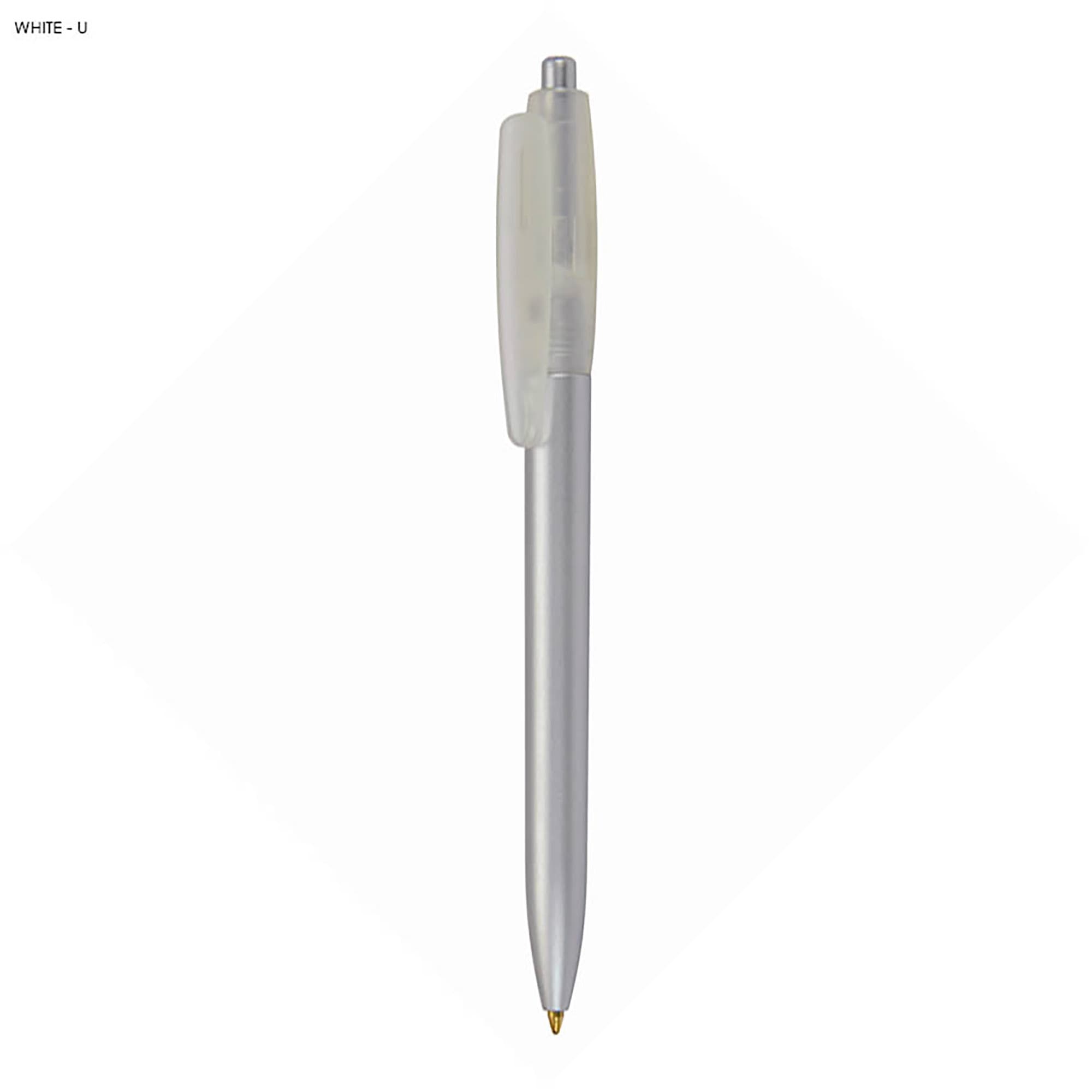 A plastic pen in clear and silver, featuring a simple design and a logo on the barrel.