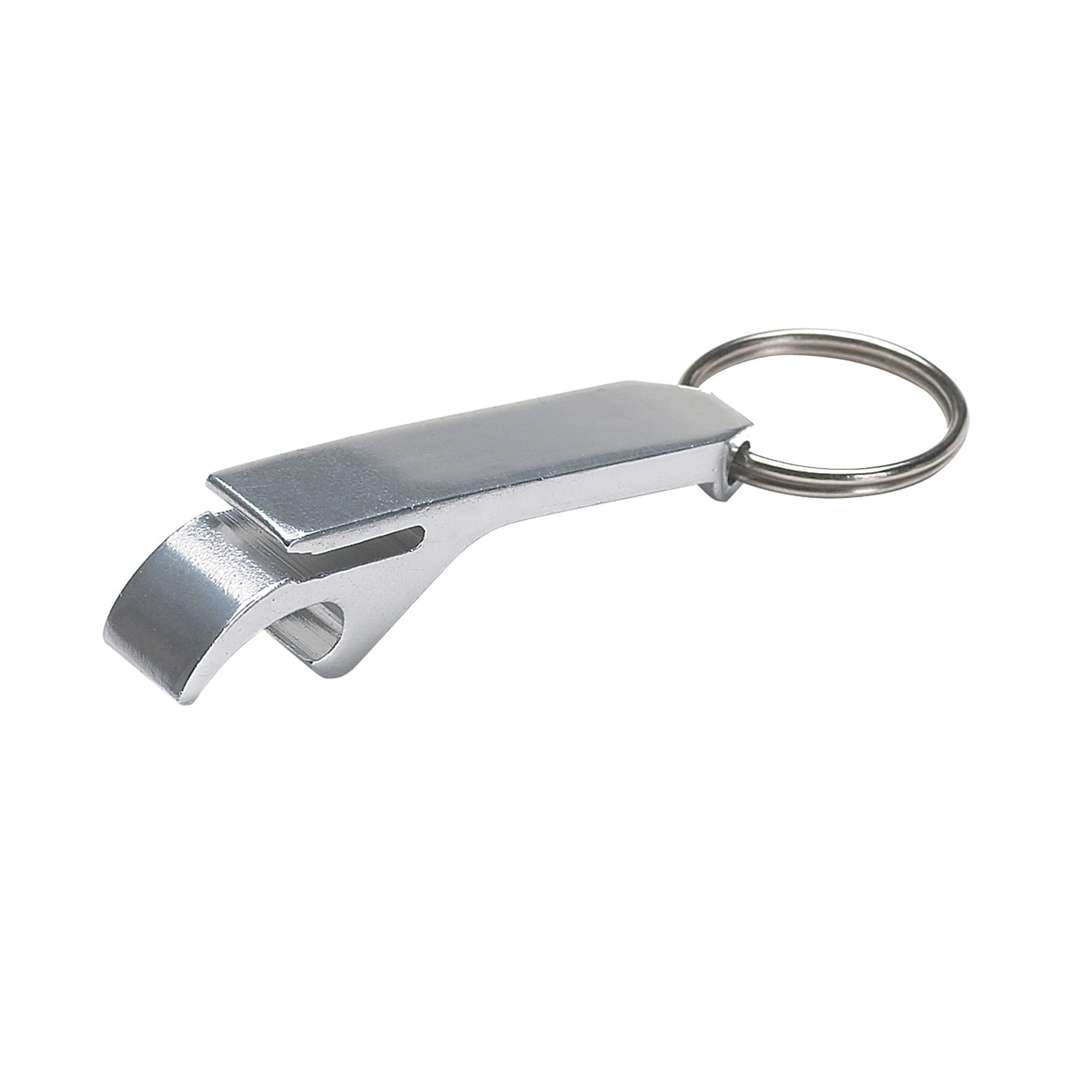 A drink bottle opener key ring in a sleek silver design featuring a circular keyring attachment.