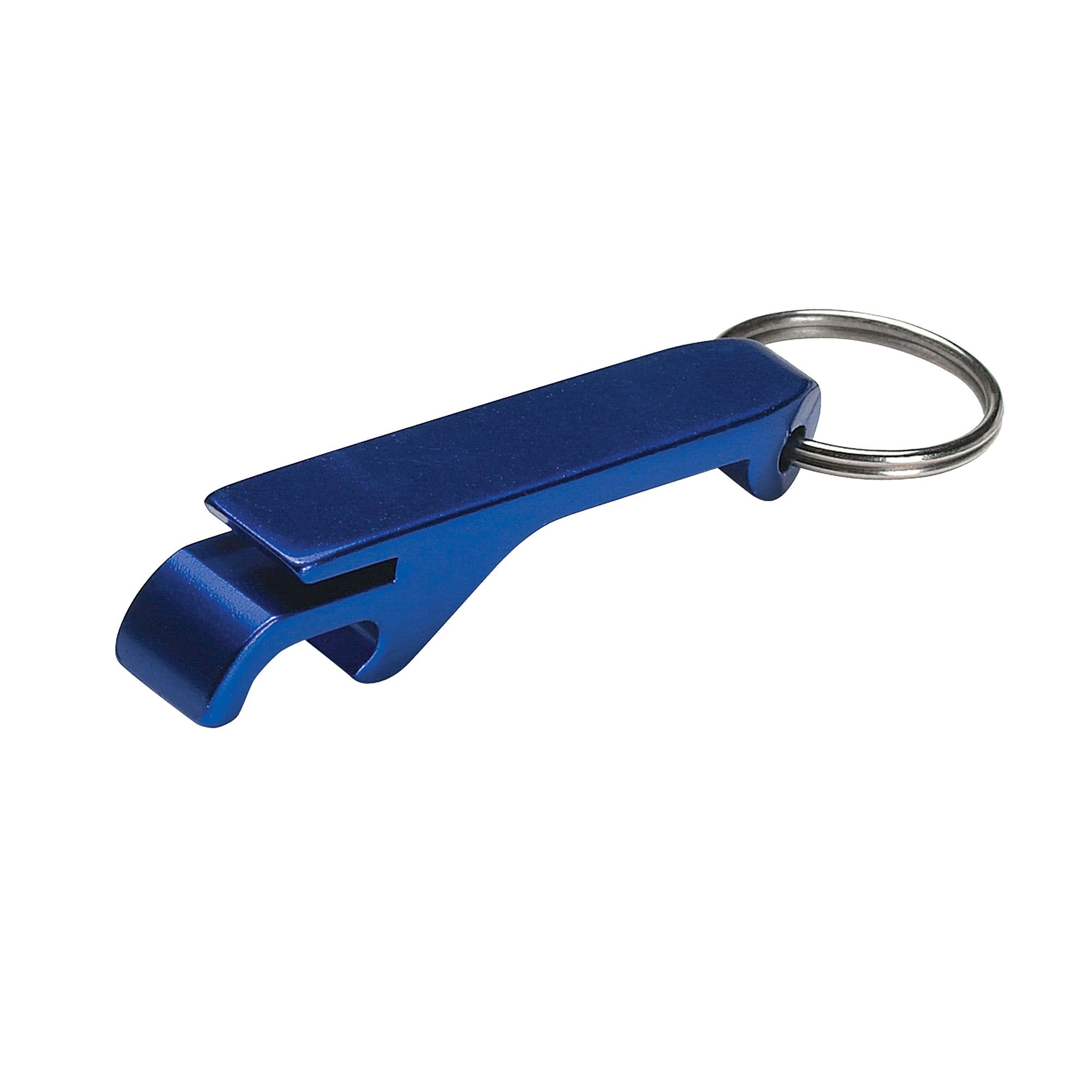 A drink bottle opener key ring in blue with a metallic finish and a silver key ring attachment.