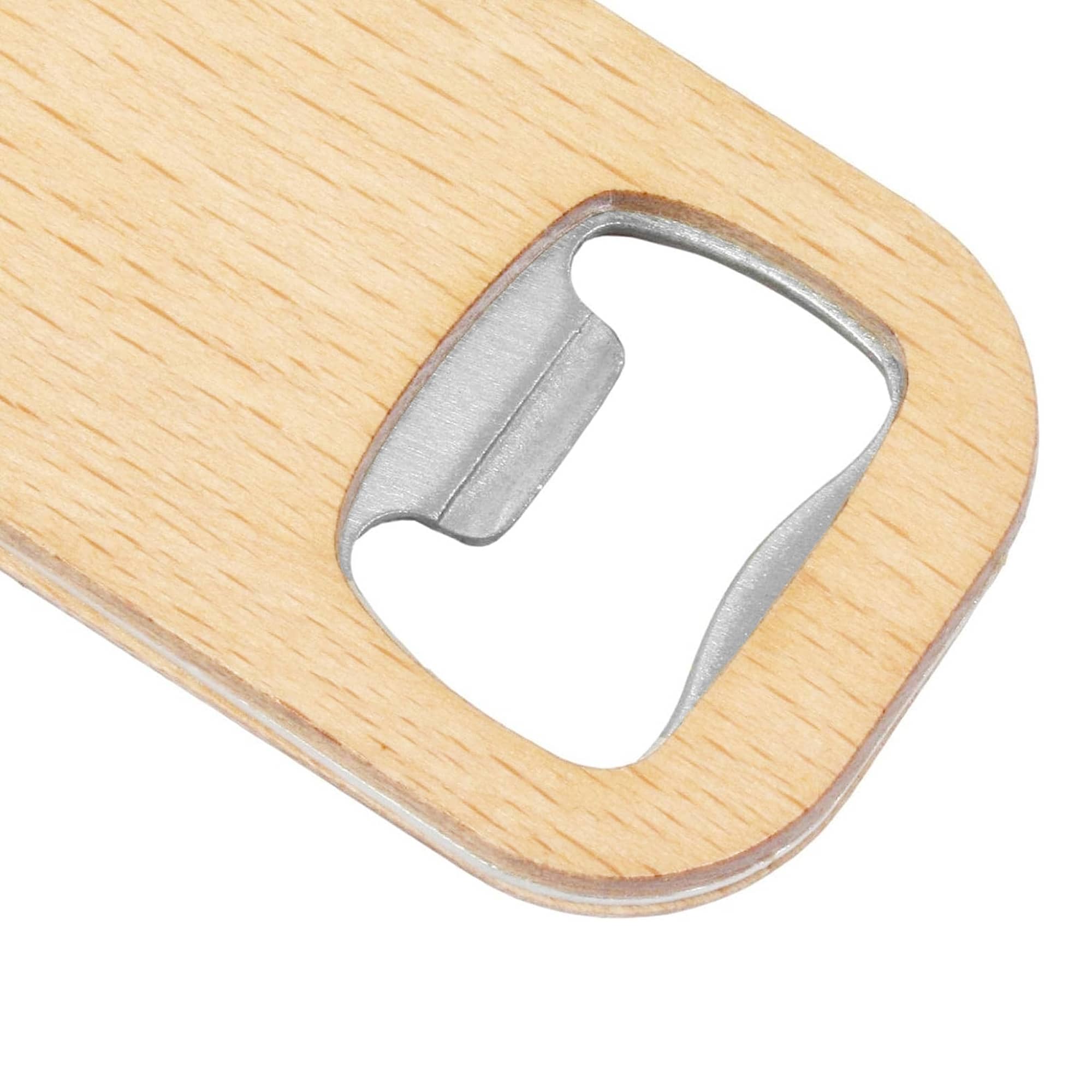A drink bottle opener key ring made of bamboo with a stainless steel opener, featuring a natural wood finish.