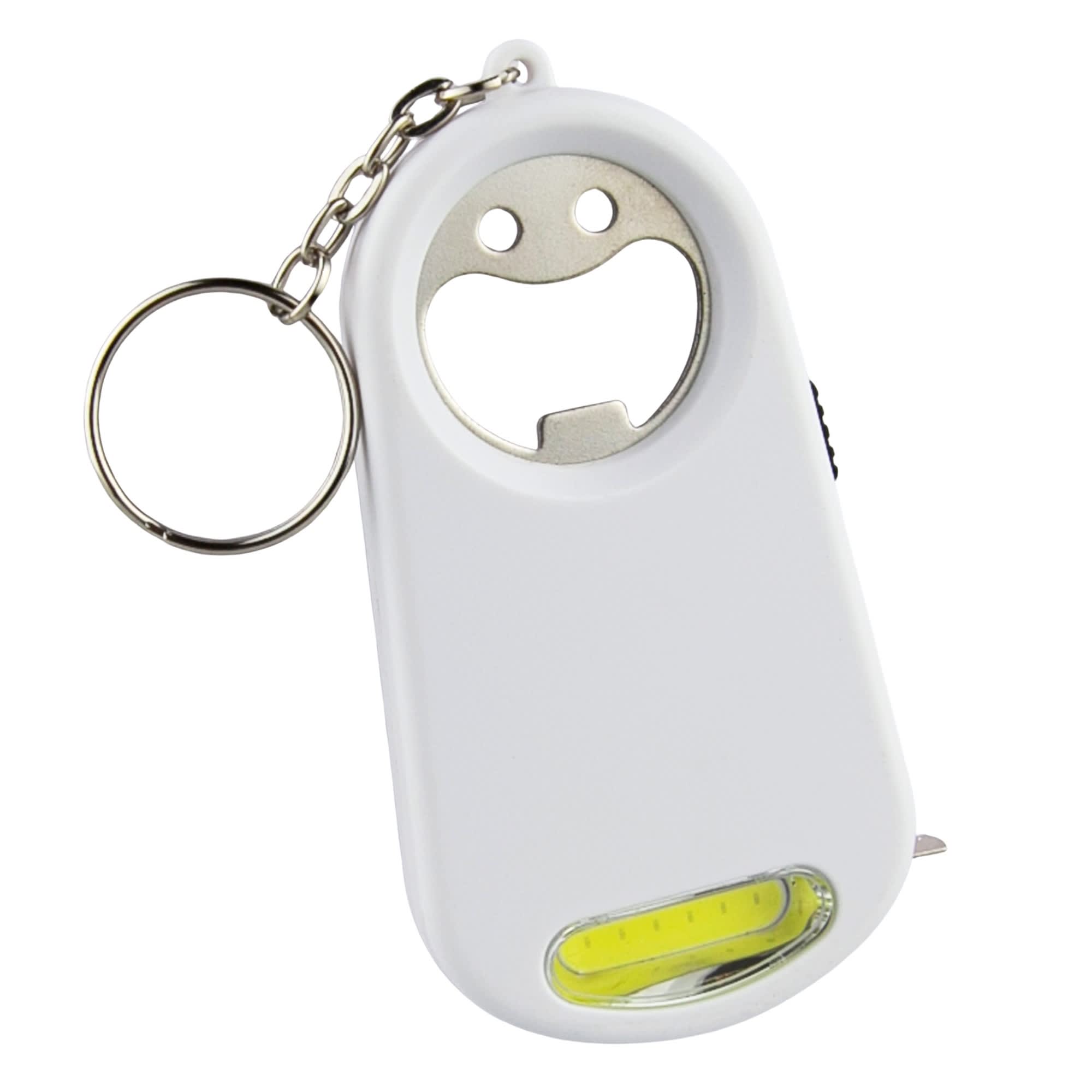 A drink bottle opener key ring in white, featuring a light and a smiling face design, with a keychain attachment.