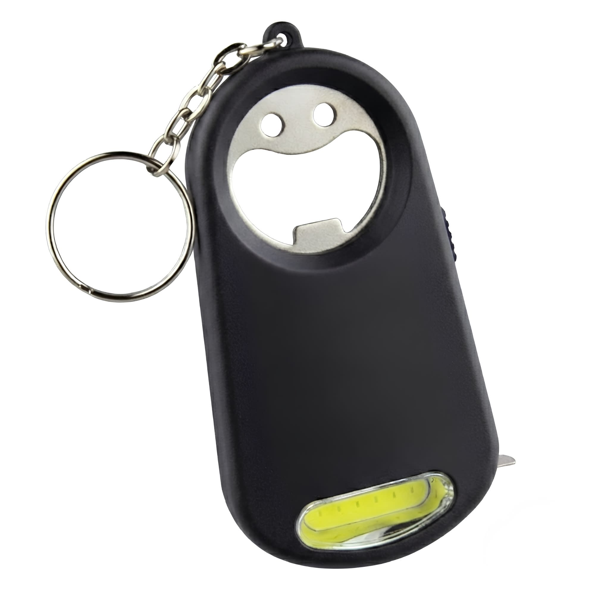 A drink bottle opener key ring in black, featuring a smiley face design and a built-in torch. Includes a metal keychain.