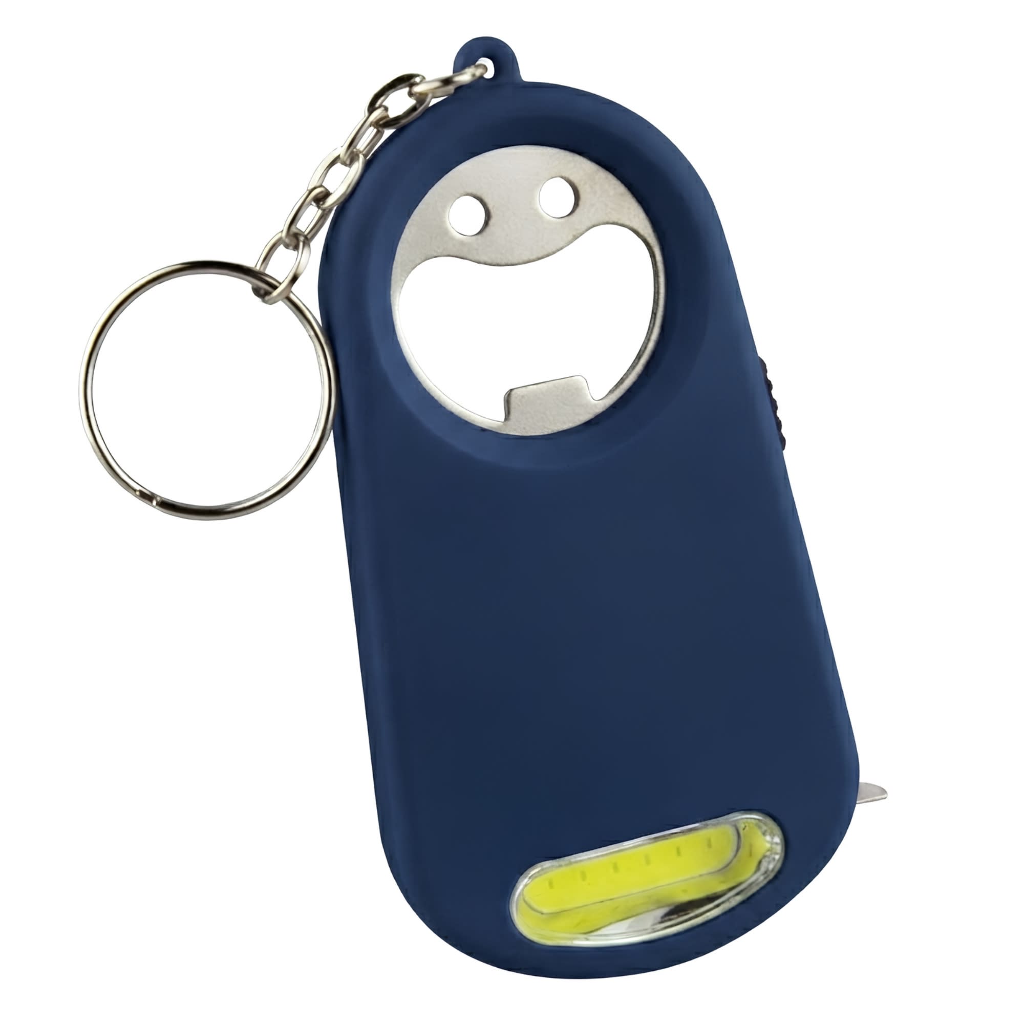 A drink bottle opener key ring in navy blue, featuring a flashlight and a bottle opener, with a chain attachment.