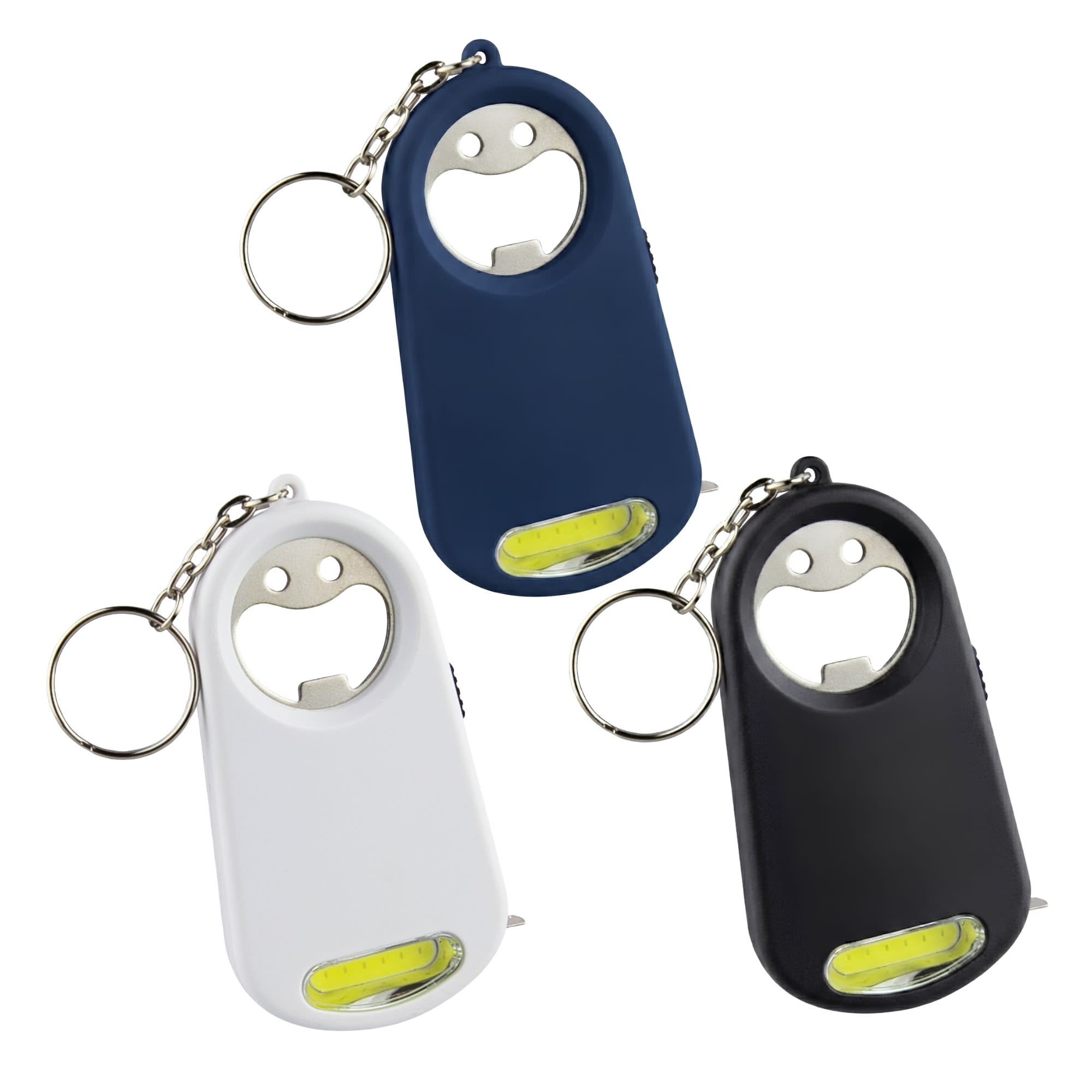 A drink bottle opener key ring in blue, white, and black with a light and a keychain attachment. Features a logo.