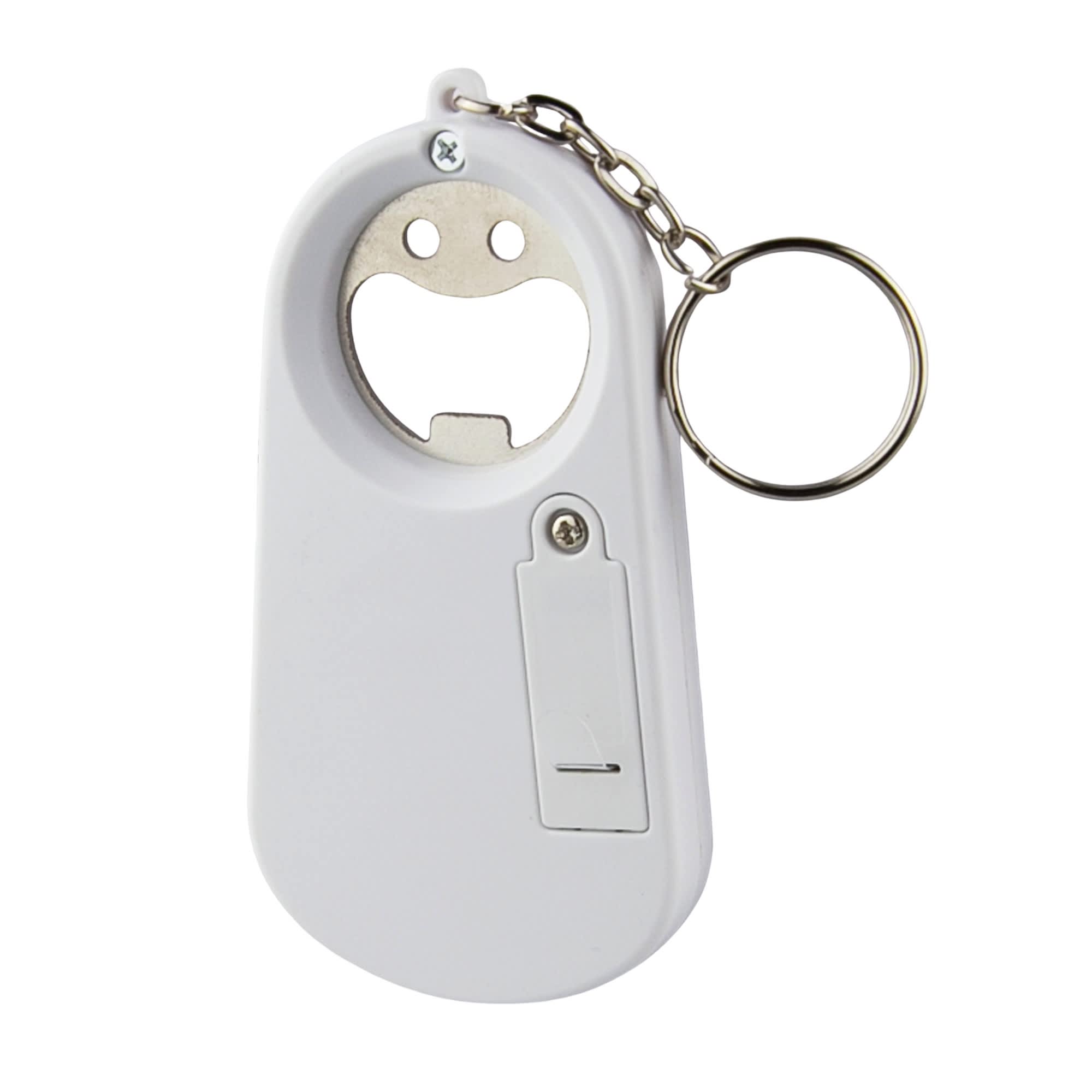 A drink bottle opener key ring in white with a smiling face design and a keychain attachment.