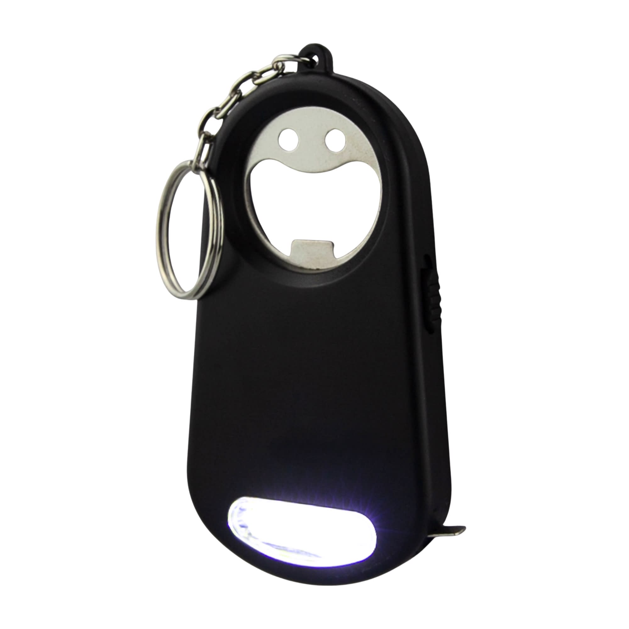 A drink bottle opener key ring in black with a smiling face design and an integrated torch feature.