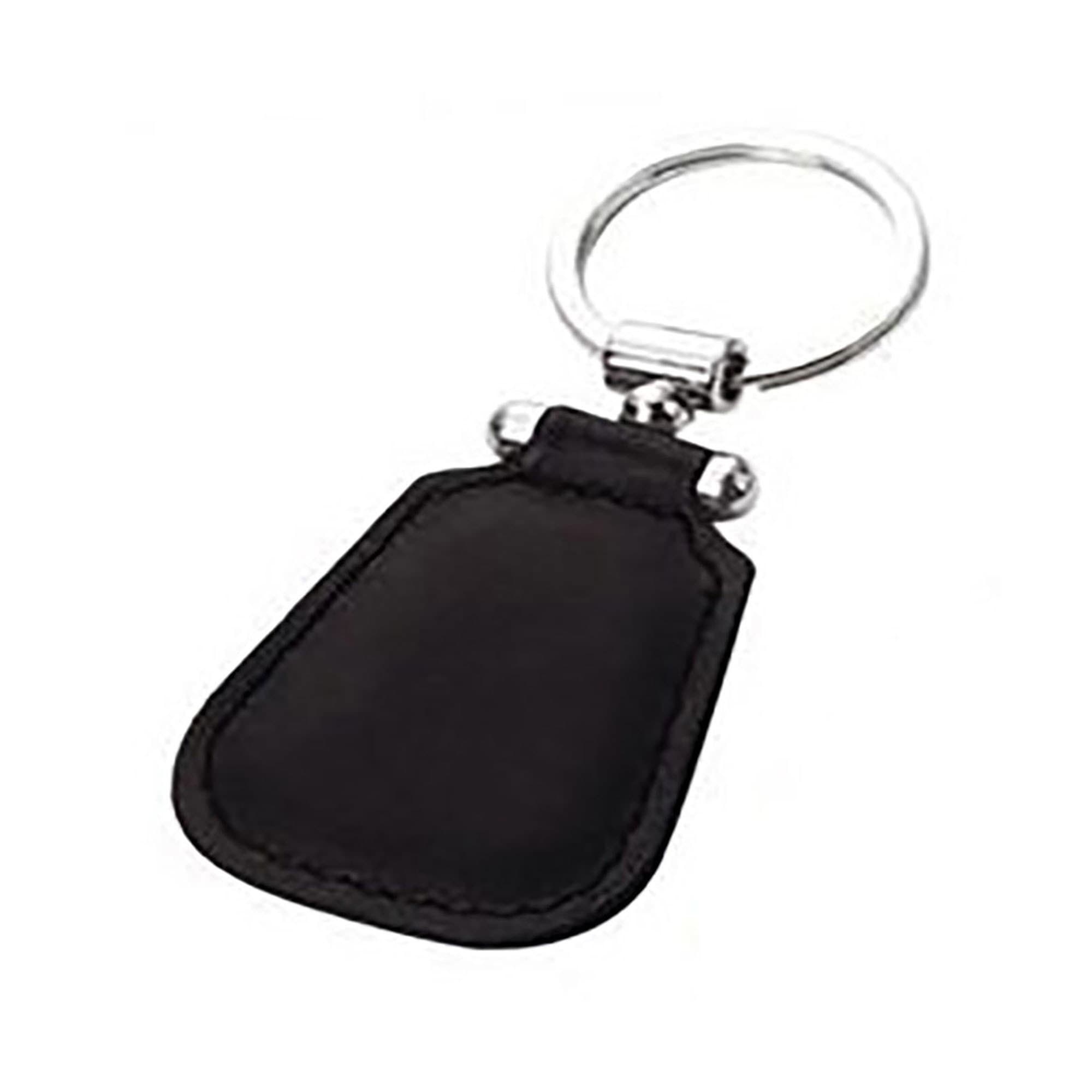 A black leather key ring with a circular metal attachment and a simple design. It has a branding logo.