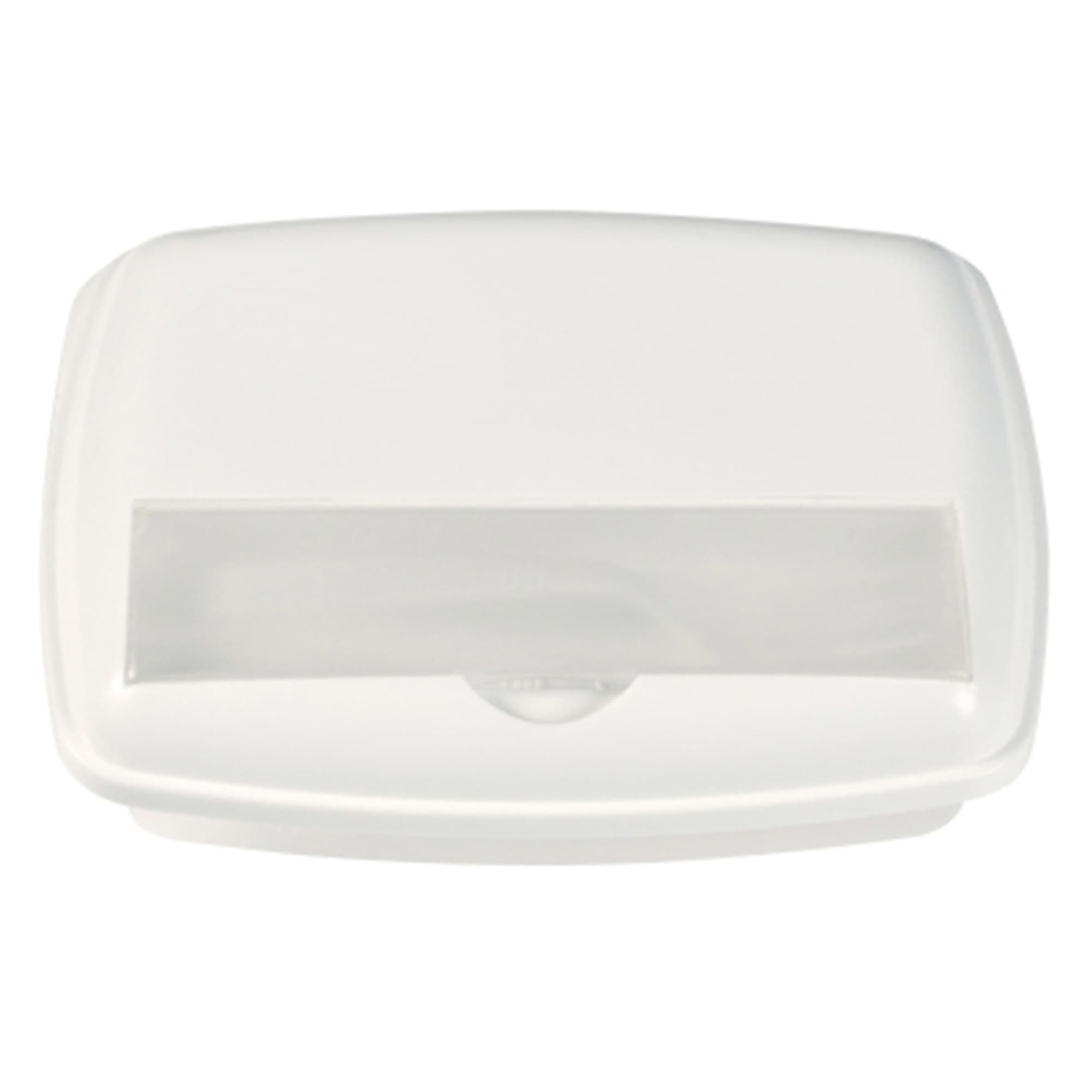 A white 3-section lunch box with a transparent lid, featuring a smooth surface and a simple design.