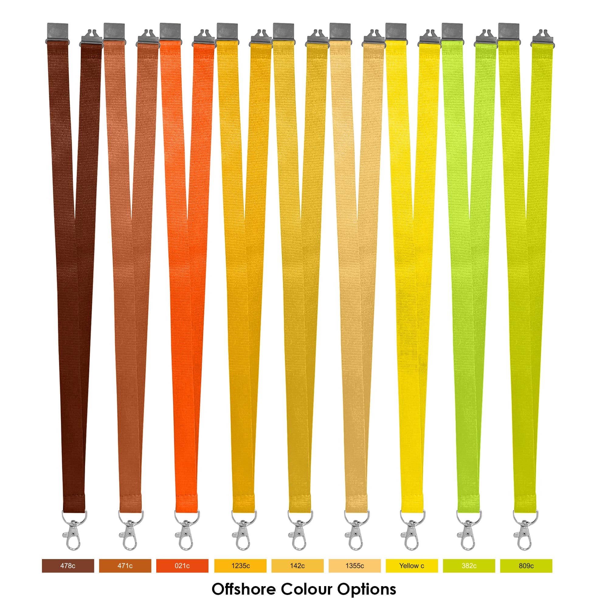 Various colours of tubular lanyards, including brown, orange, yellow, and green, displayed with clips and branding.
