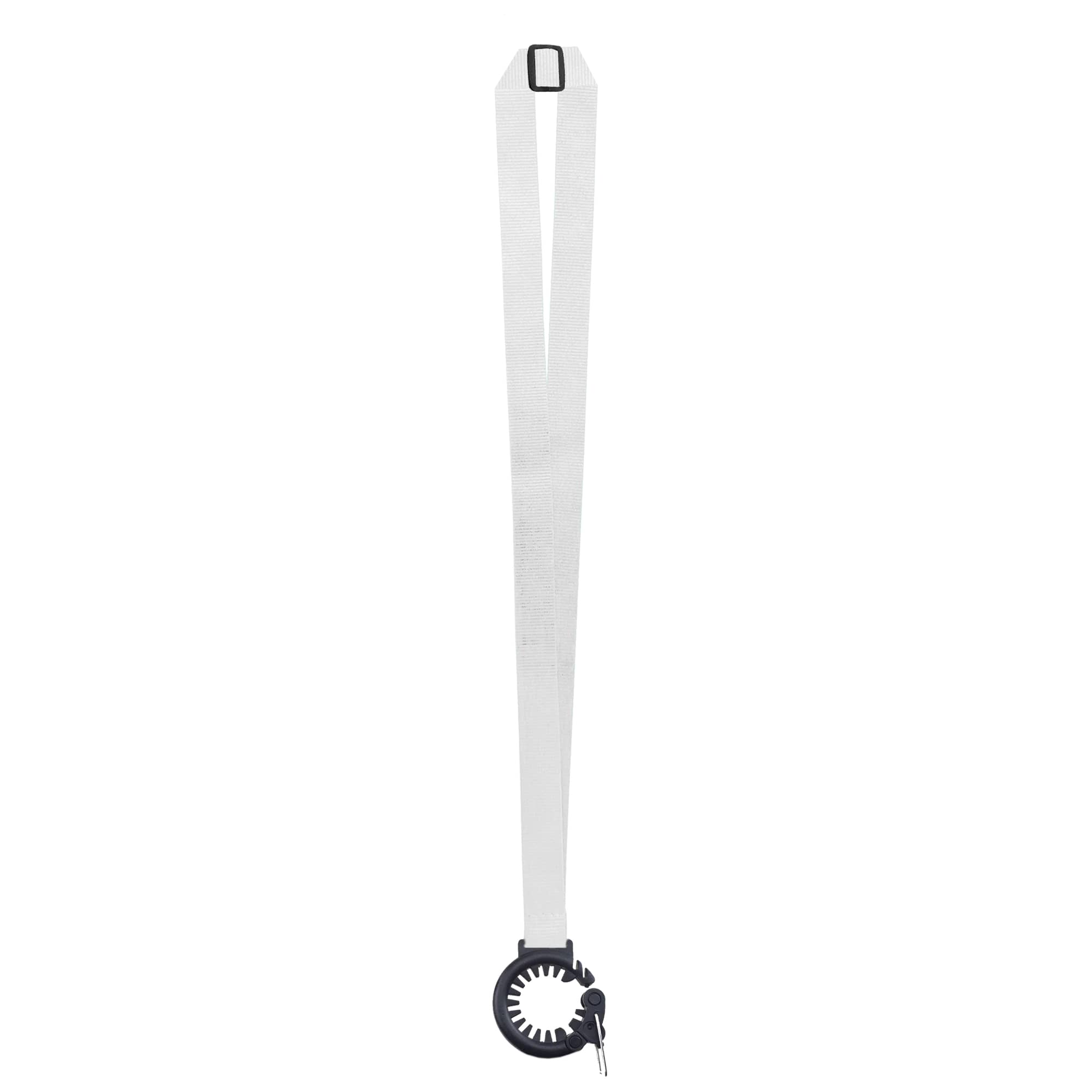 A drink bottle sling lanyard in white with a black attachment for holding a bottle. Features a branding logo.
