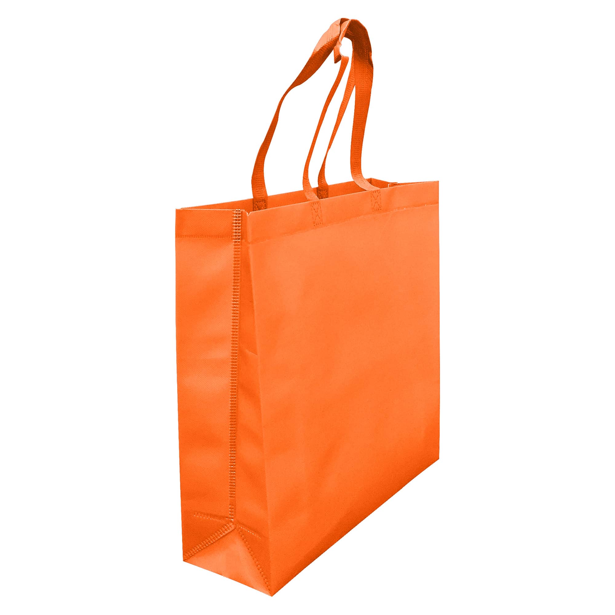 An orange laminated non-woven tote bag with a large gusset and two sturdy handles. It features a logo on one side.