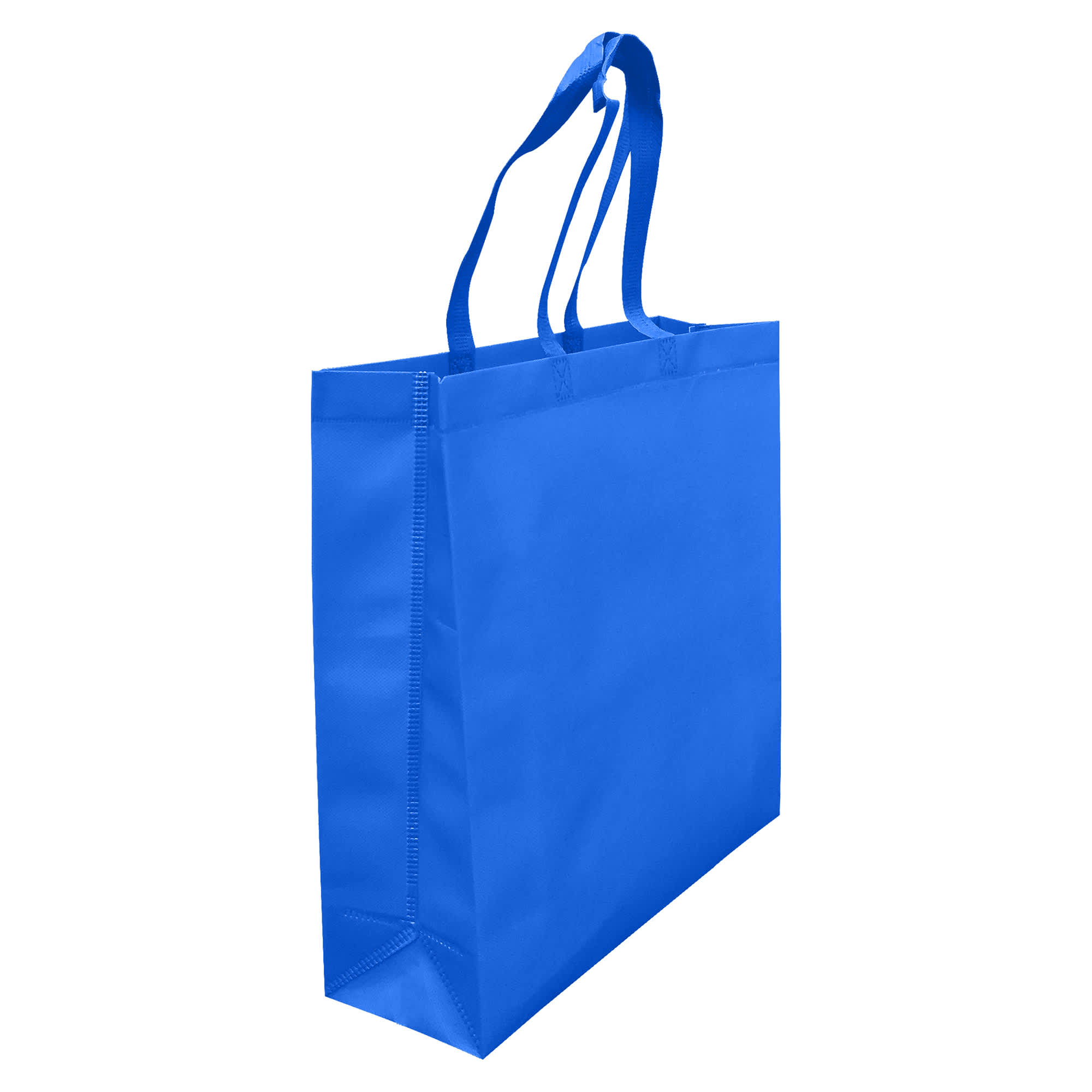 A blue laminated non-woven tote bag with large gusset and two shoulder straps, featuring a logo.