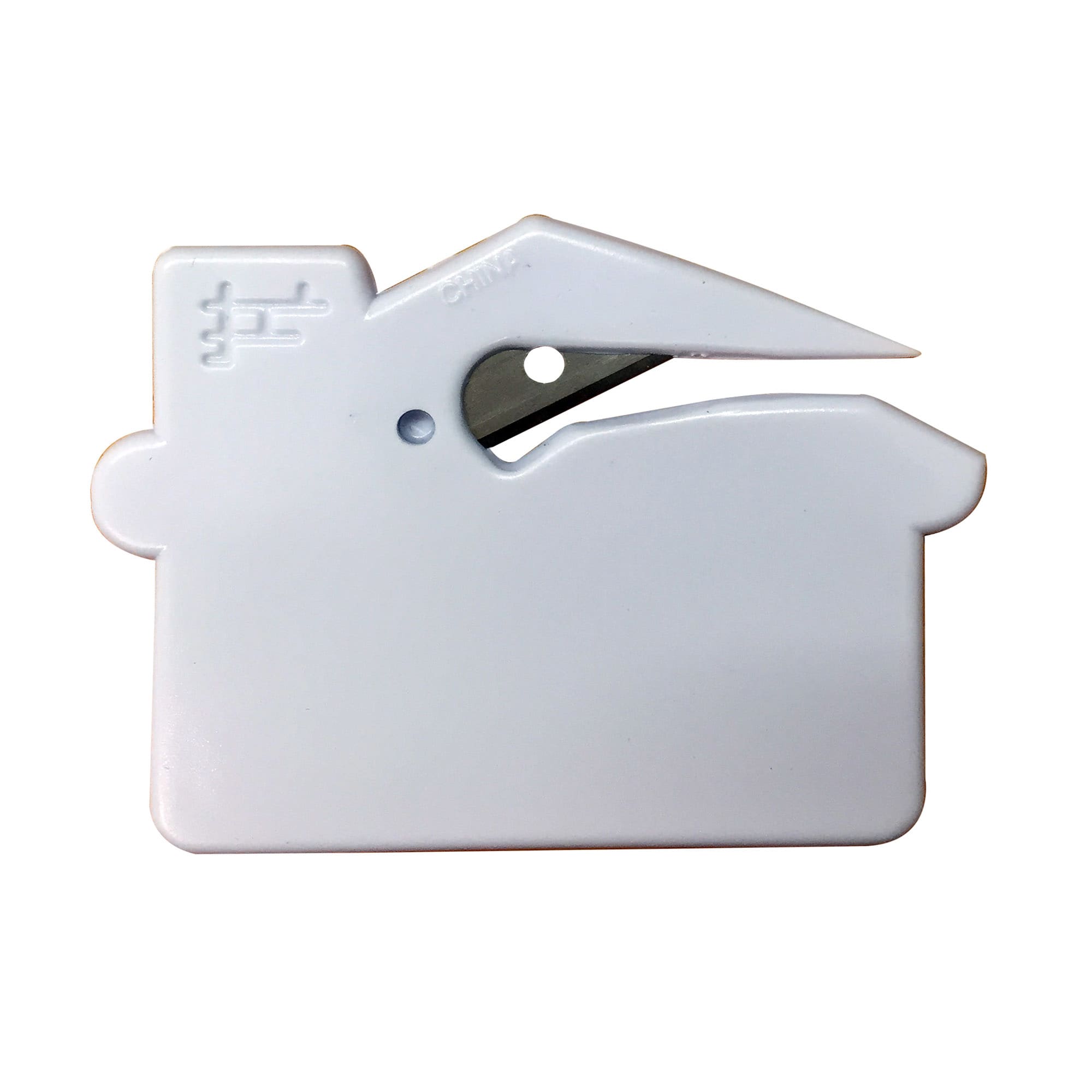 A white, house-shaped letter opener with a sharp blade and a logo visible on the surface.