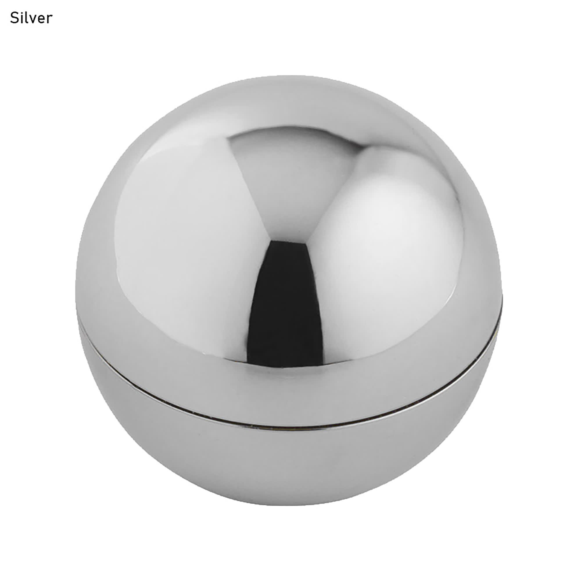 A silver spherical lip balm container with a polished surface and a removable lid. It features a logo on the top.