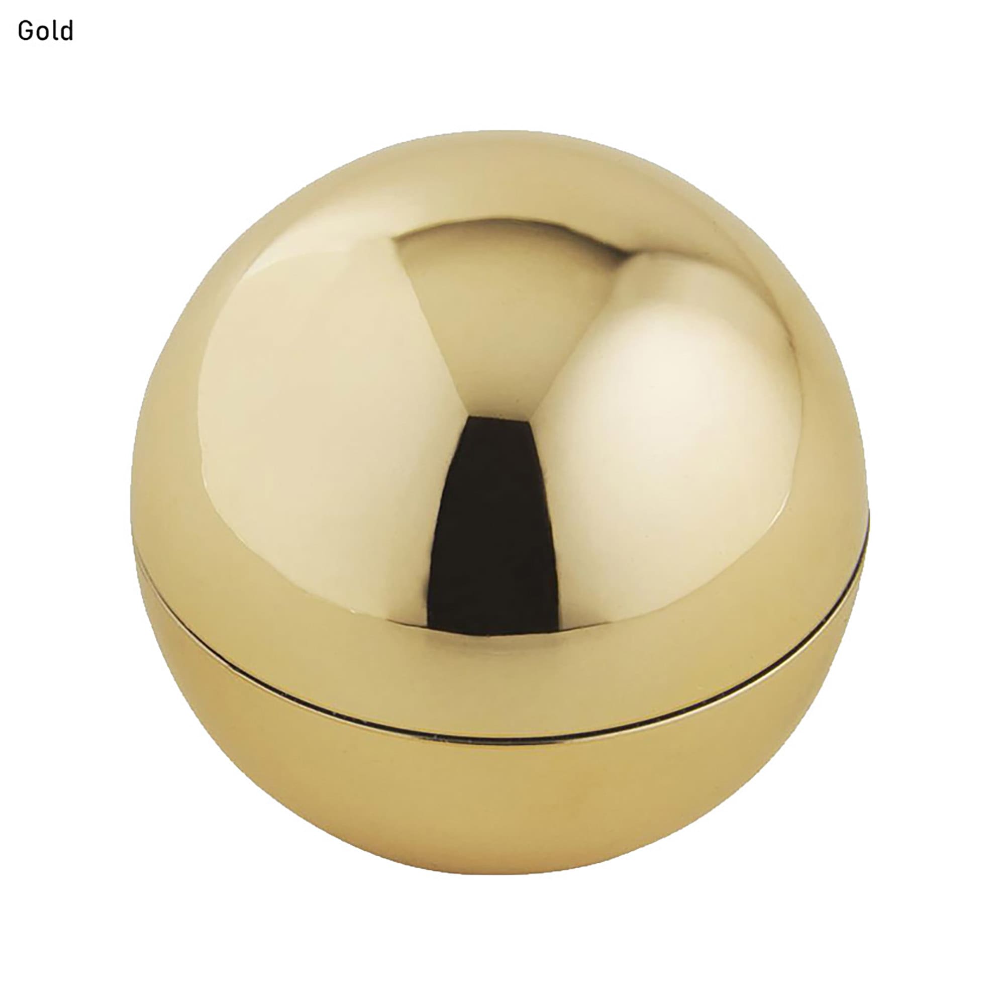 A shiny gold lip balm container in a spherical shape, featuring a smooth surface and a hinge.