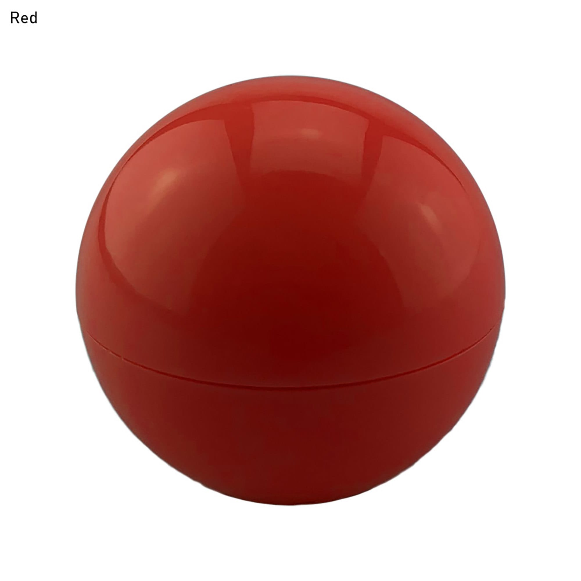 A round, red lip balm container with a glossy finish and a logo on the surface.