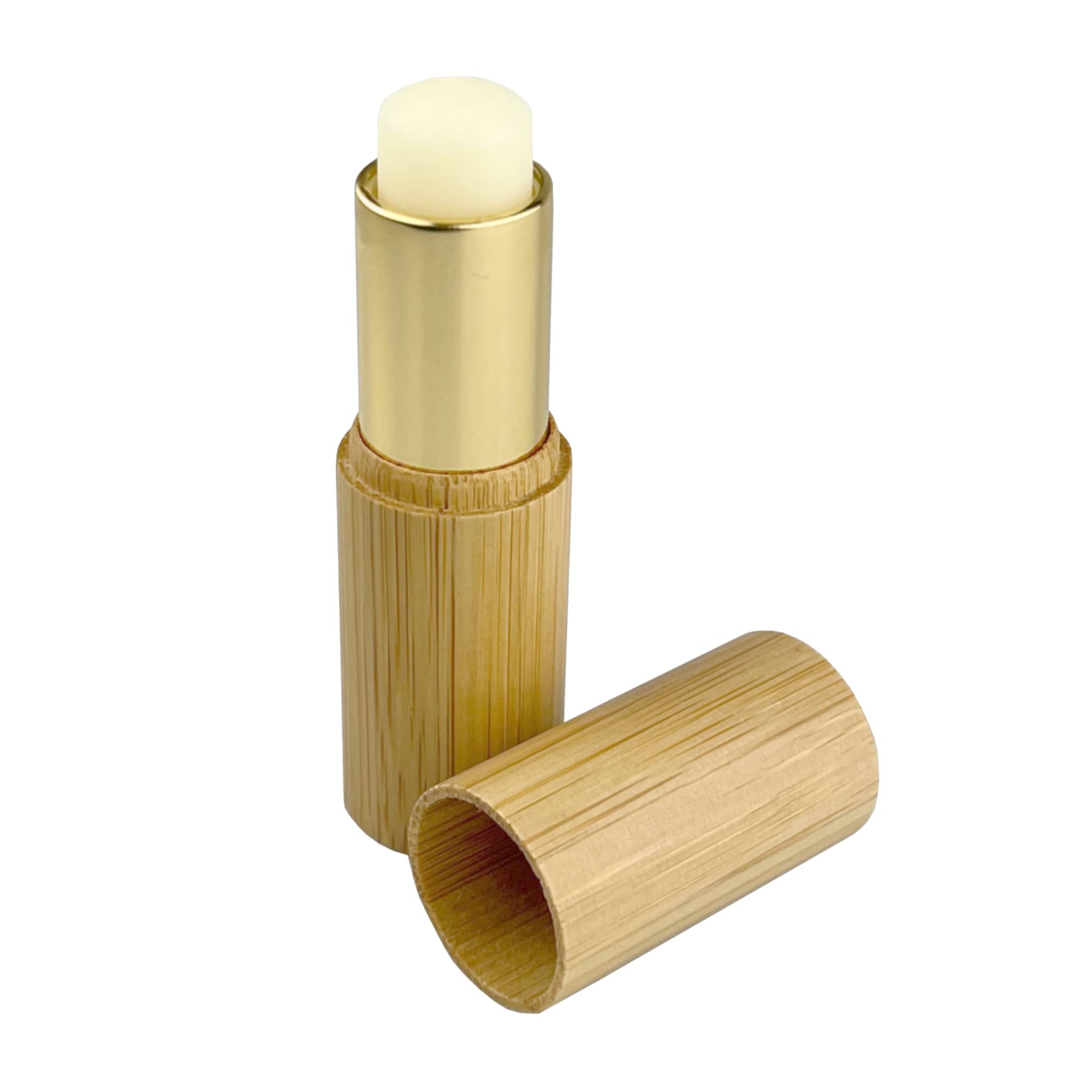 A bamboo lip balm stick with a gold top, featuring a sleek, eco-friendly design.