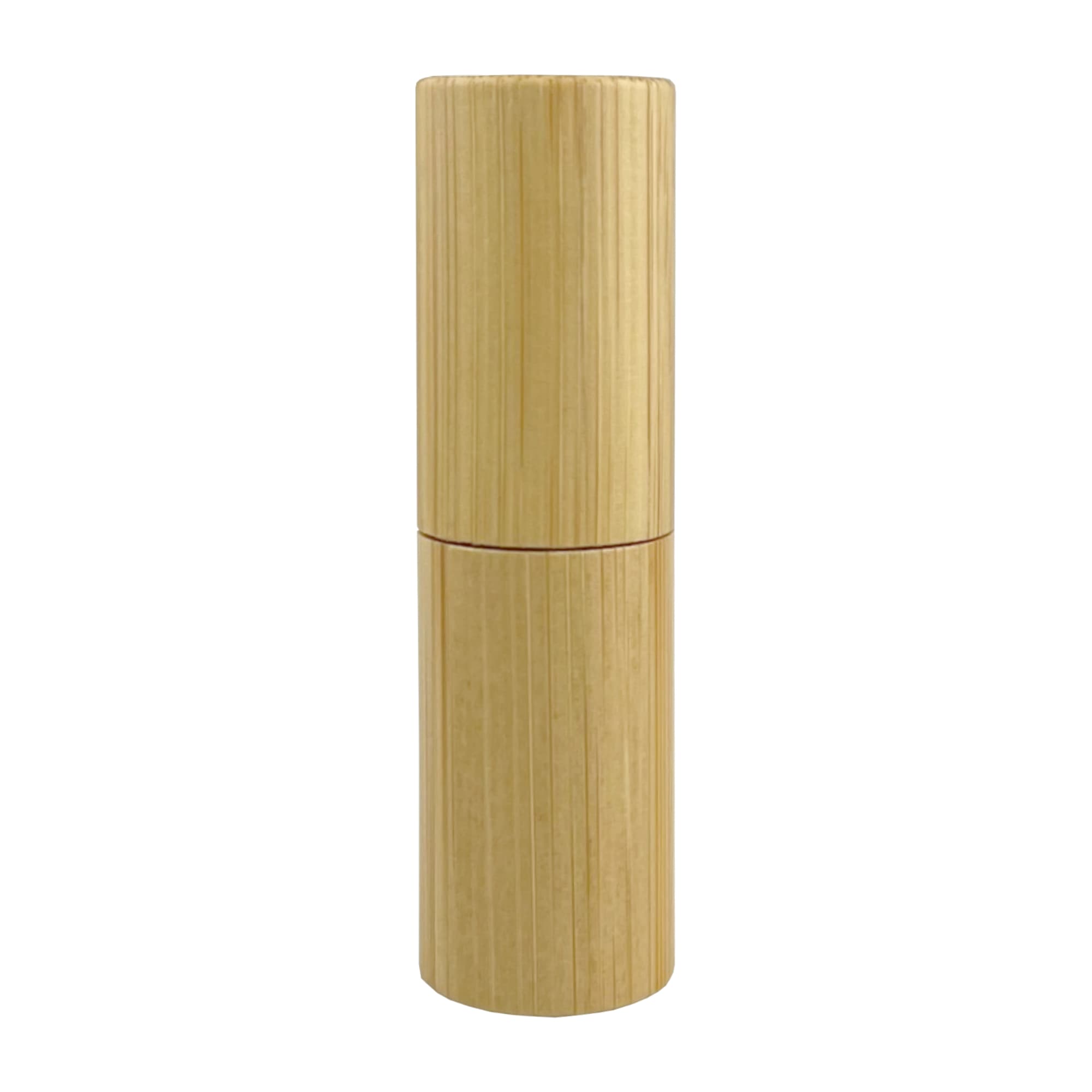 A bamboo lip balm stick featuring a cylindrical design in natural wood tones, with a smooth finish and a logo.