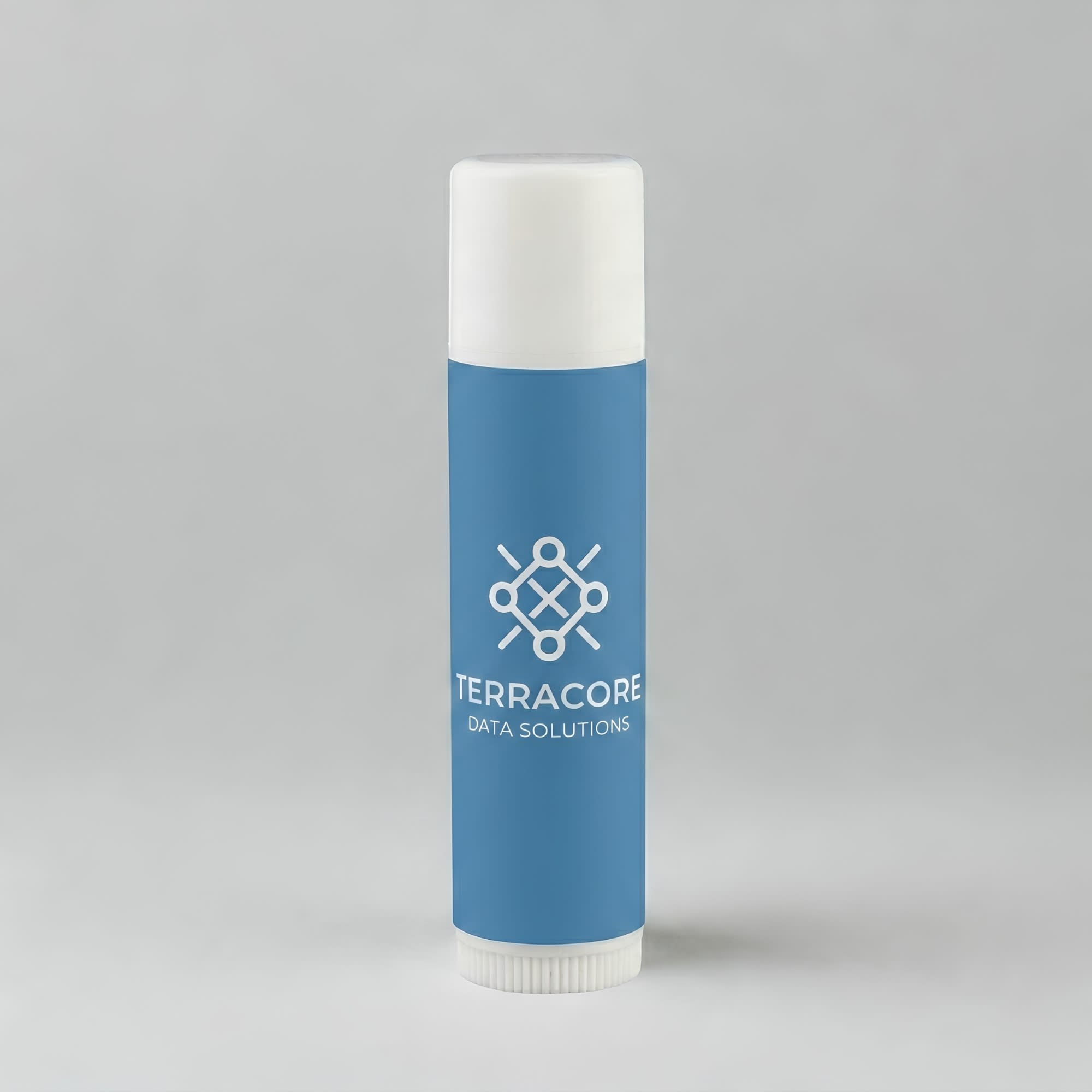 A cylindrical lip balm tube in light blue featuring a white cap and a logo.
