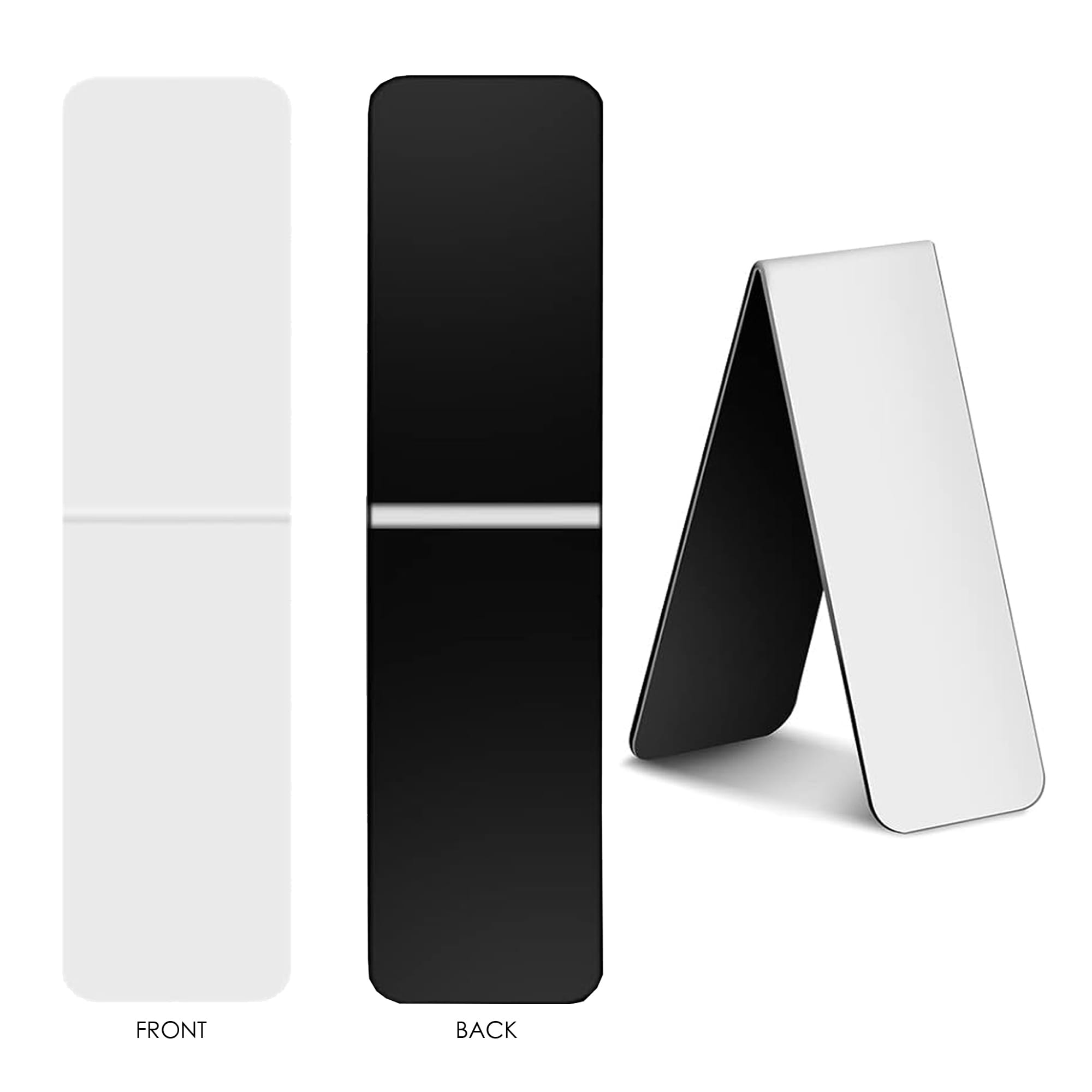 A large fridge magnet and bookmark with a white front and a black back, displayed in both flat and standing positions.