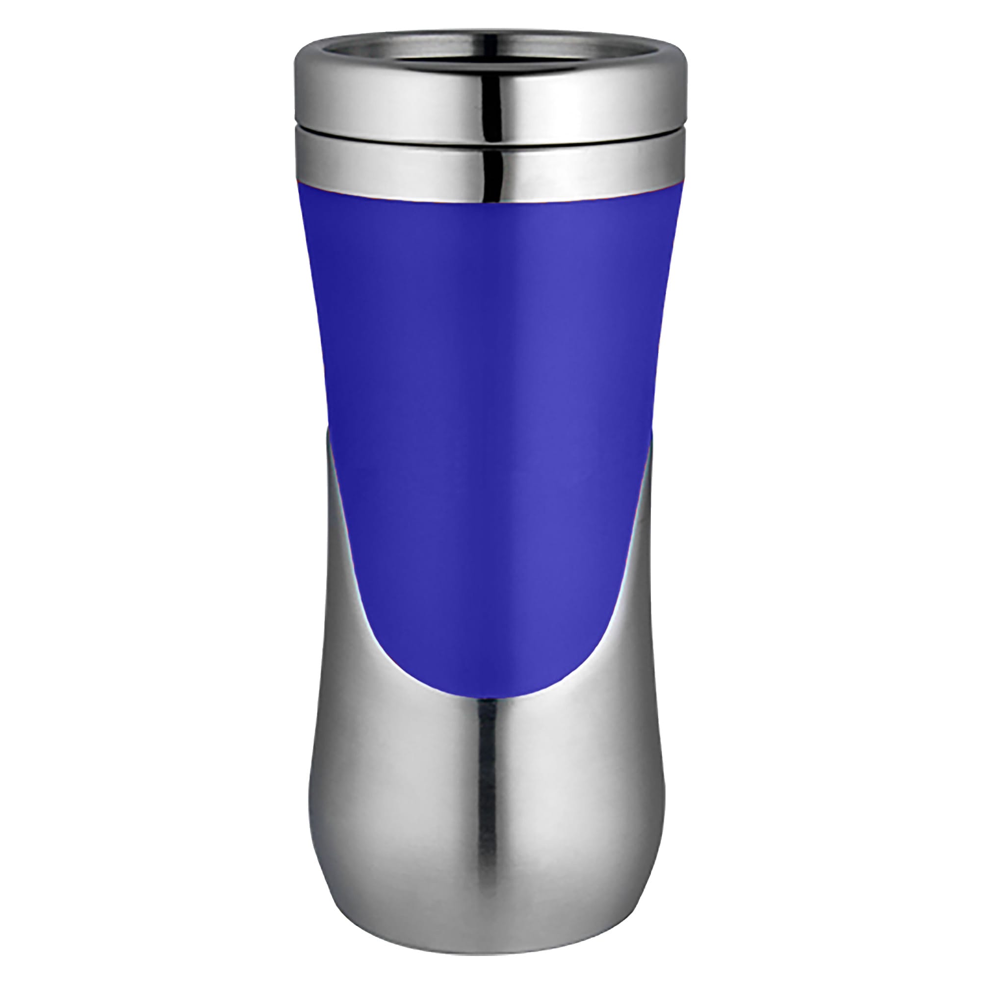 A travel mug featuring a blue body with a stainless steel base and rim, complemented by a sleek design and logo.