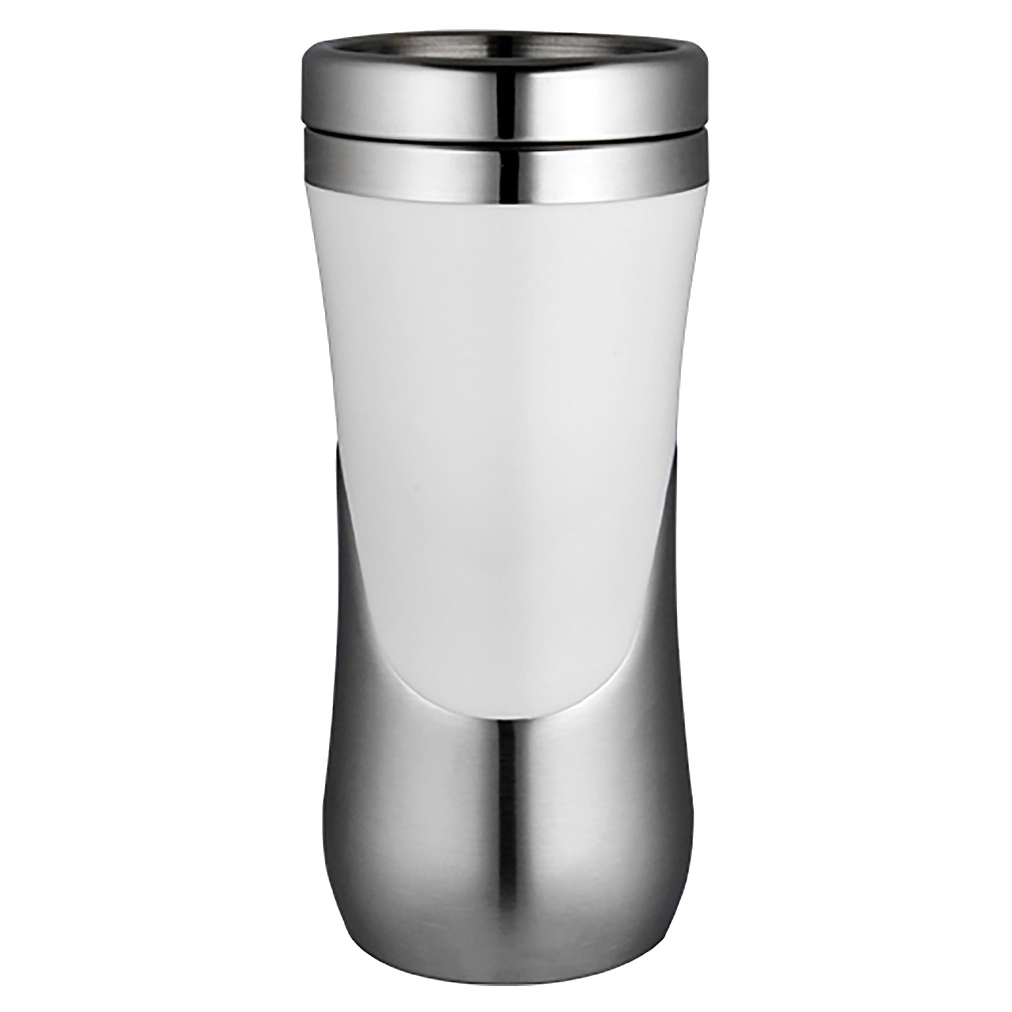 A travel mug with a sleek design, featuring a white body and silver stainless steel accents. It has a logo.