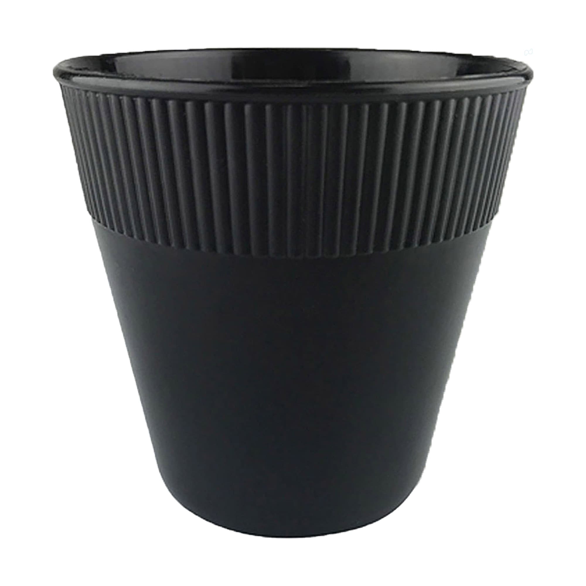 A black plastic cup with ribbed texture, designed for drinks. Features a simple, modern shape and has a logo.