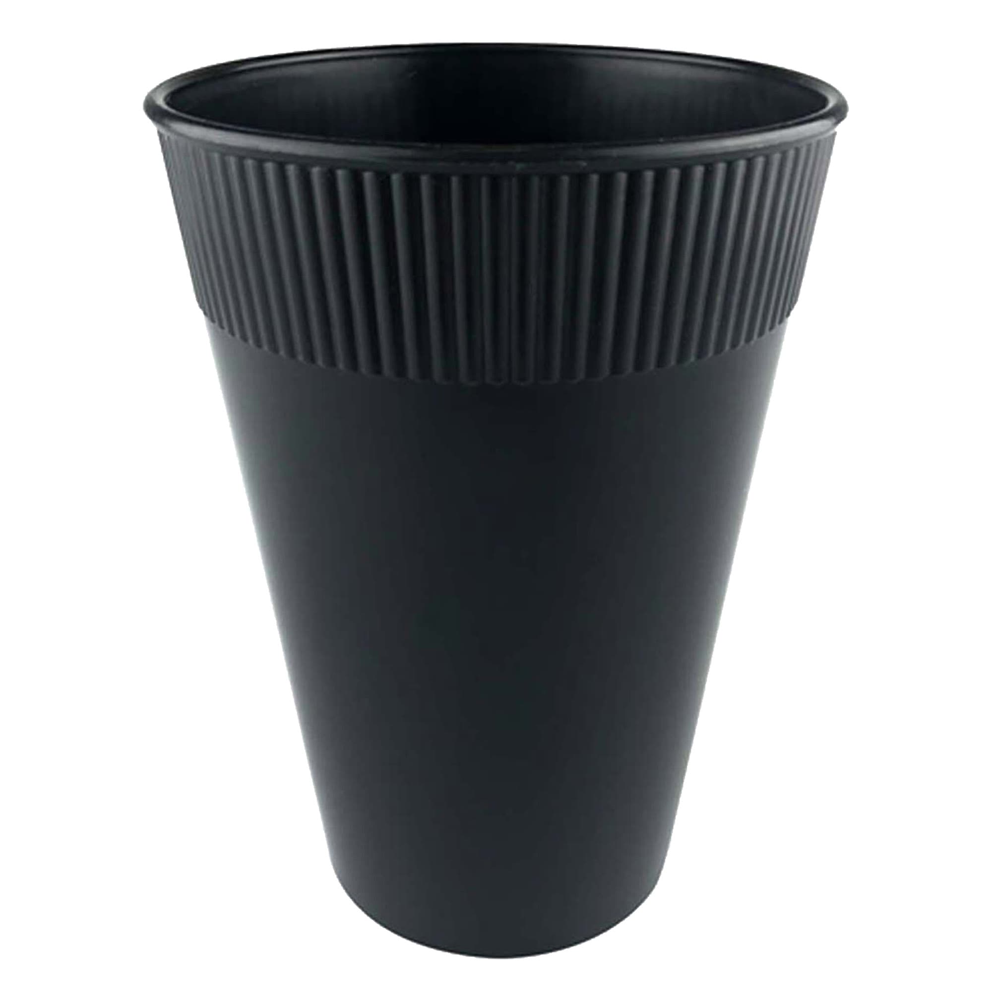 A plastic cup with a ribbed design in black, suitable for various beverages. It features a logo on the surface.