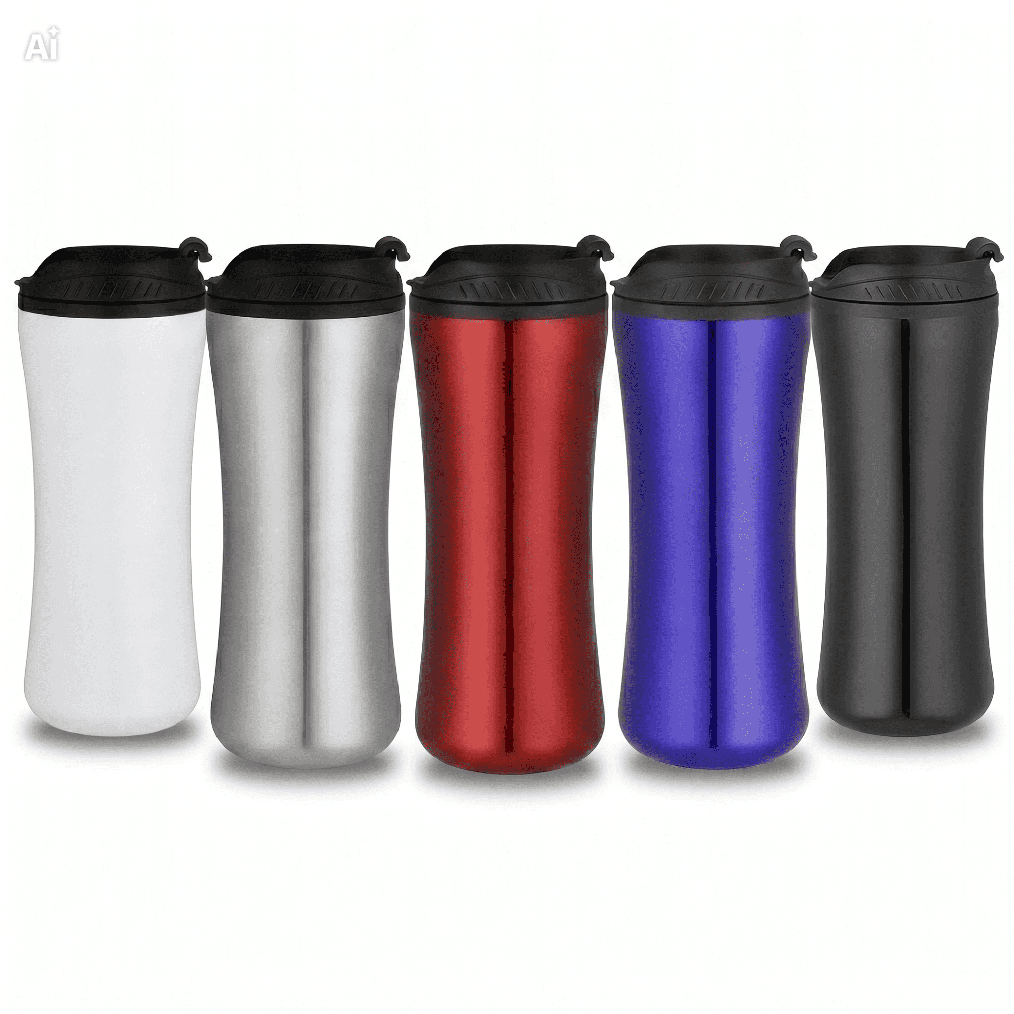 A collection of travel mugs in white, silver, red, blue, and black, featuring a lid and a logo.