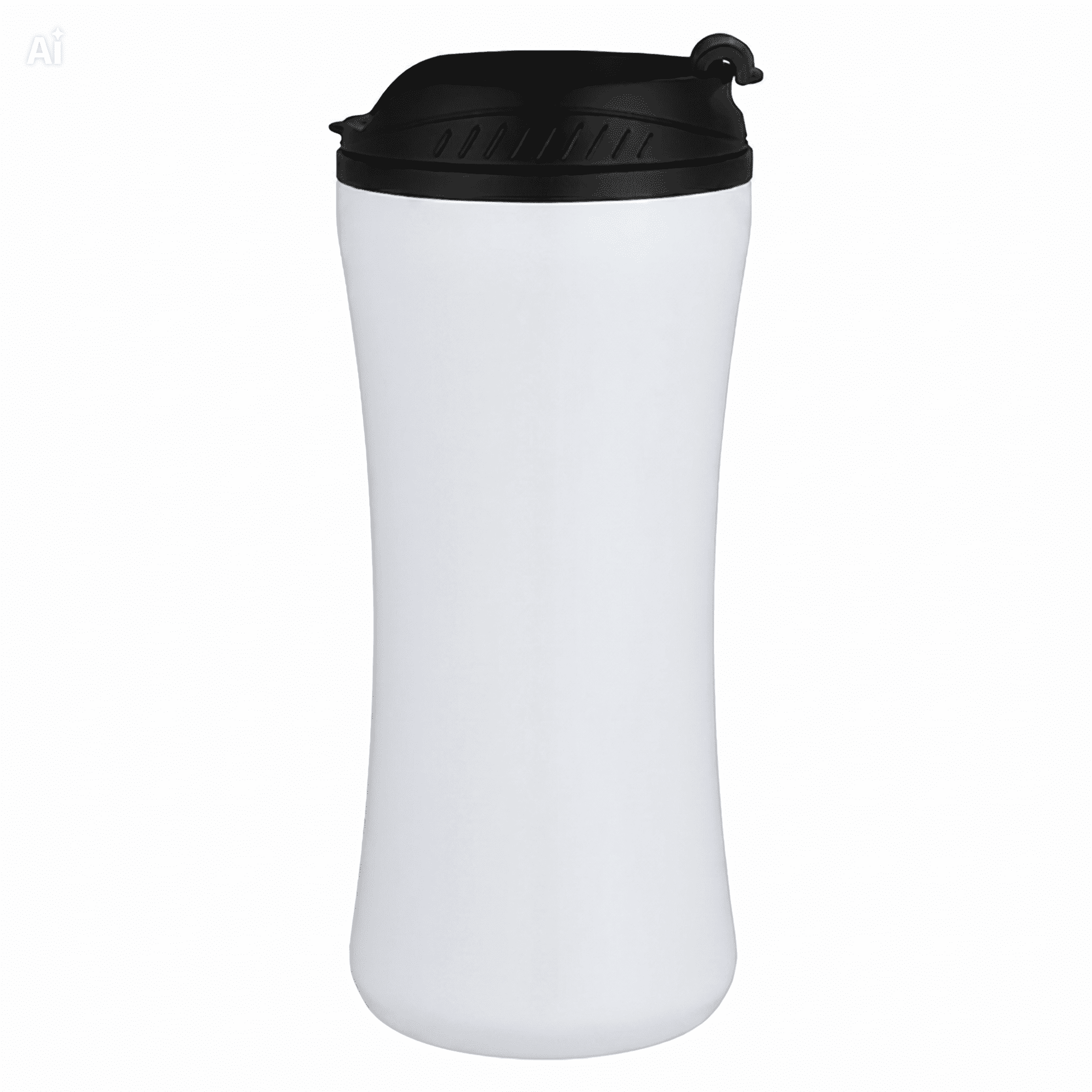 A travel mug with a sleek black lid and a smooth white body, featuring a logo on the surface.