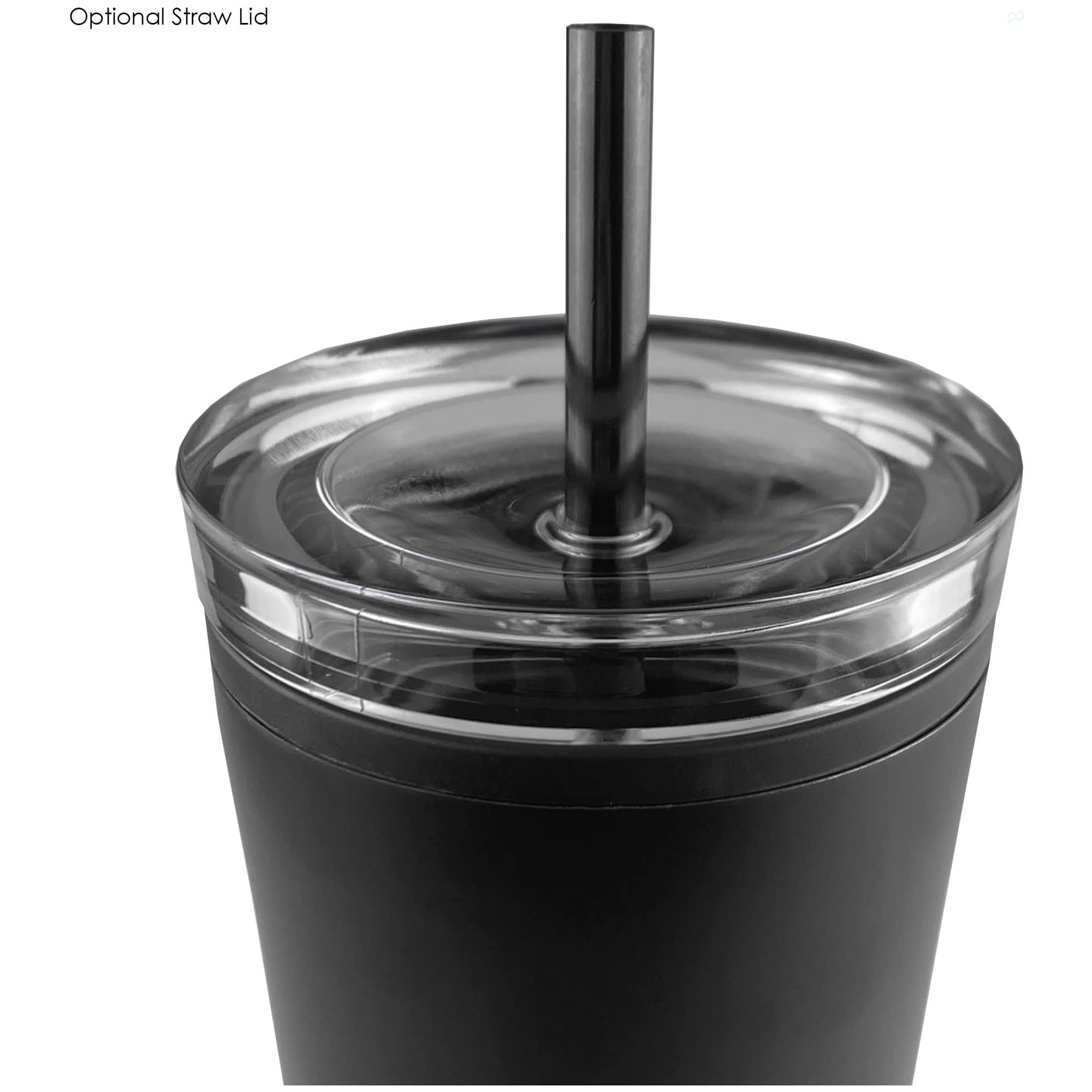 A black travel mug with a clear lid and a black straw. The mug is designed for beverages on the go and features branding.