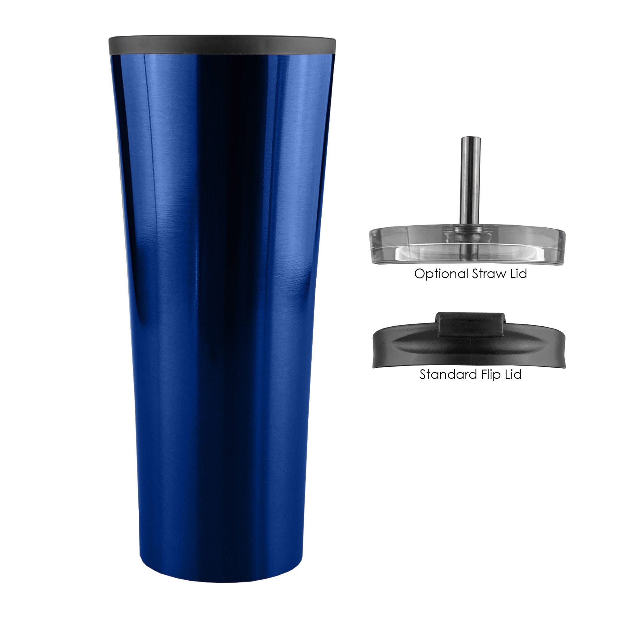 A stainless steel travel mug in a vibrant blue, featuring a standard flip lid and an optional straw lid.