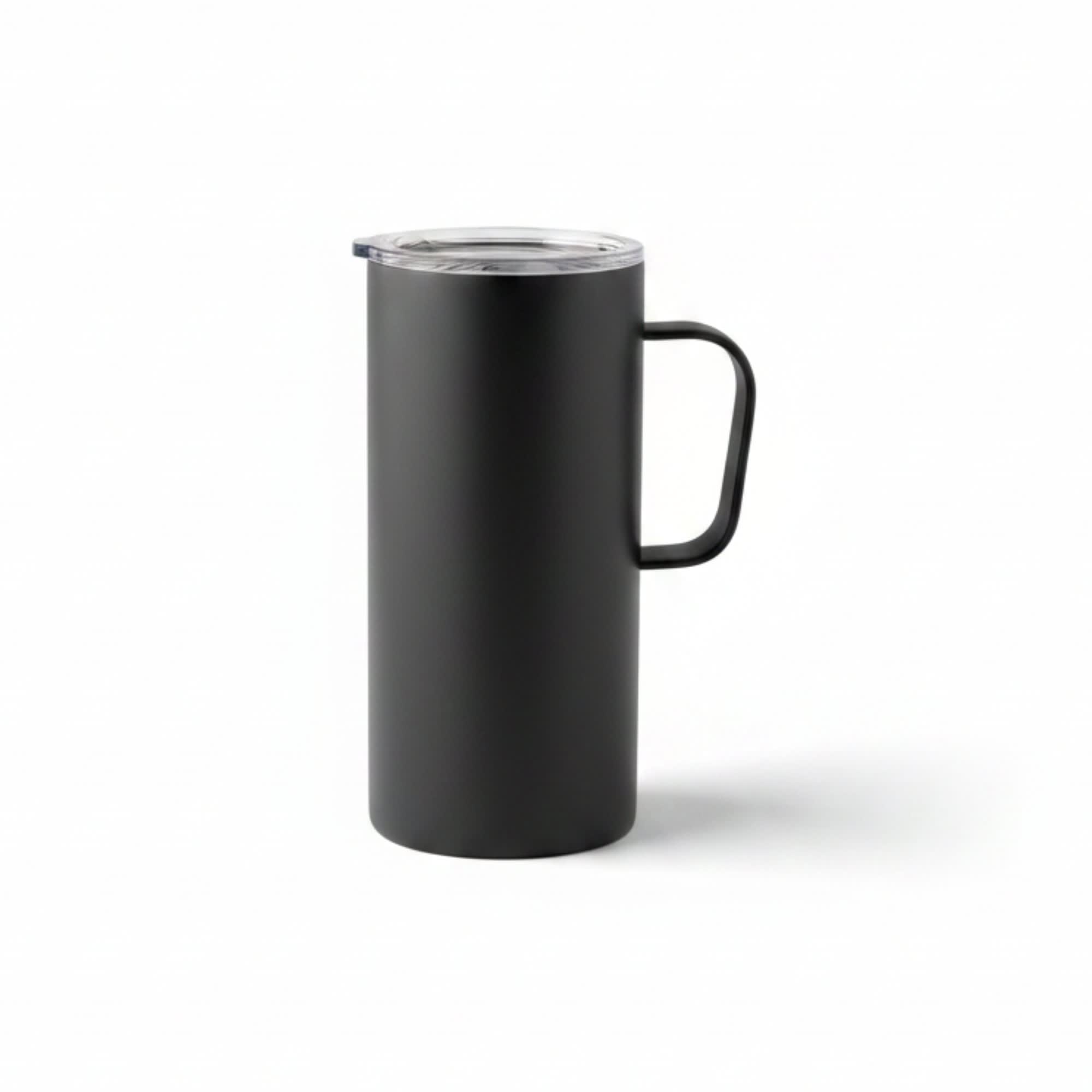 A black travel mug with a transparent lid and handle, suitable for hot or cold beverages.
