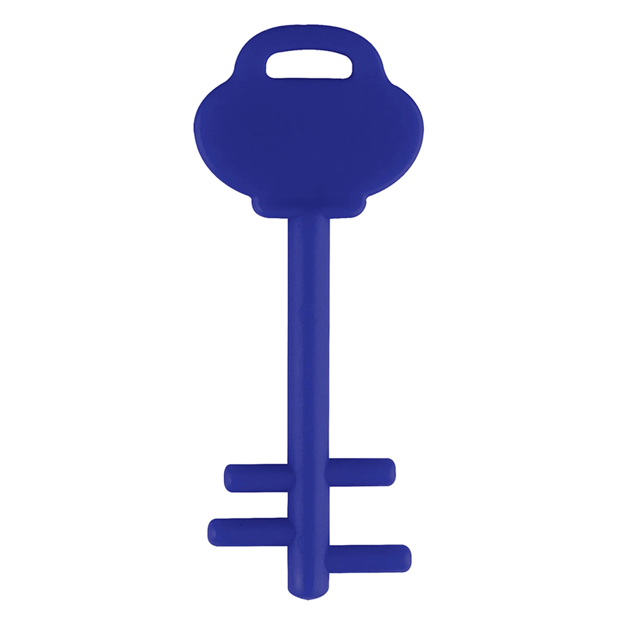 A blue mobile key stand shaped like a key, with a handle and a sturdy base for support.