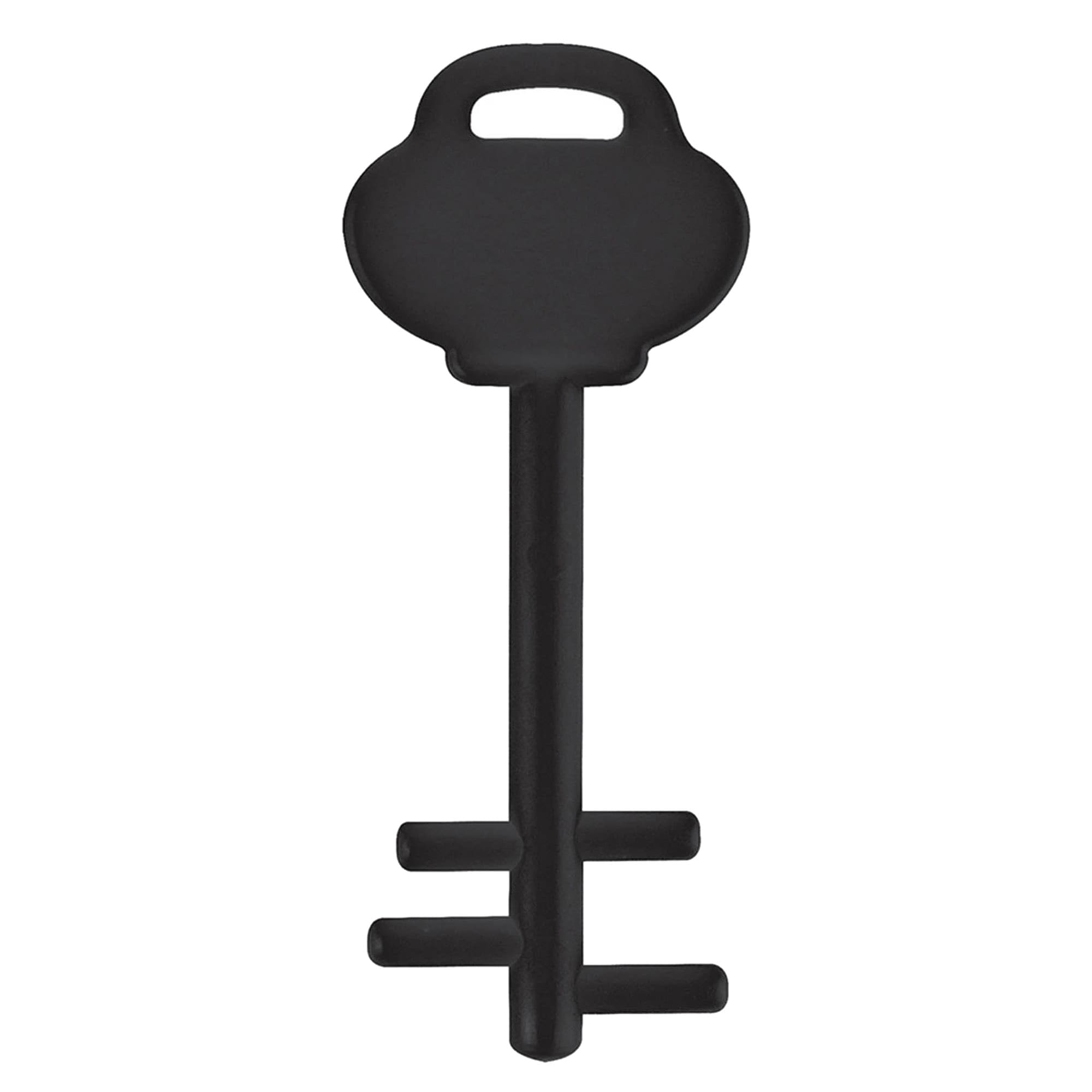 A black mobile key stand with a key shape design and a handle for easy grip.