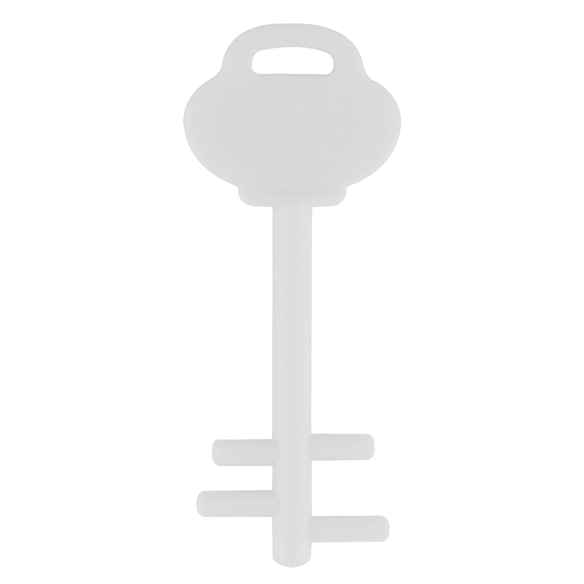 A white mobile key stand in the shape of a key, featuring a handle and a simple design.