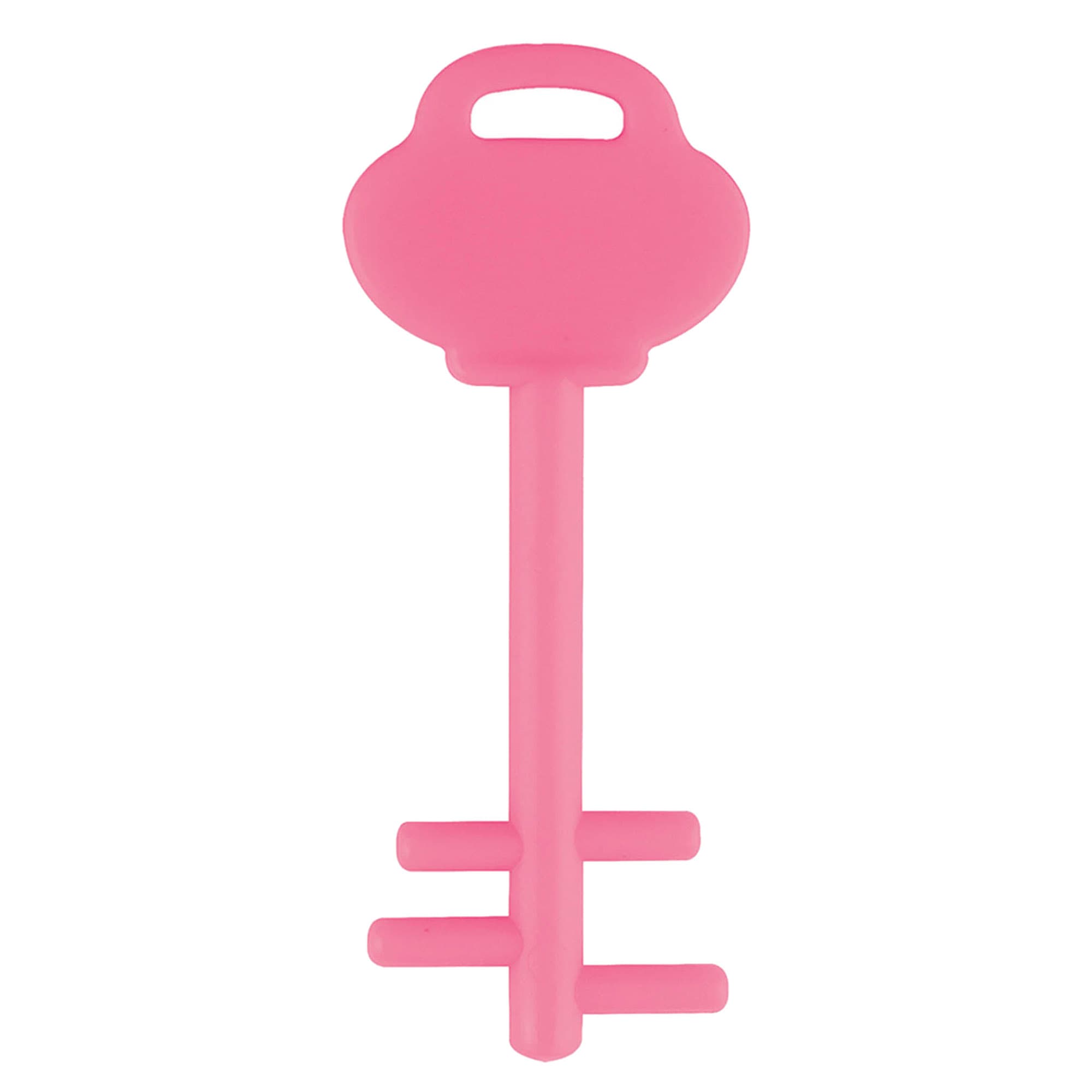 A pink mobile key stand shaped like a key, featuring a handle and a base with two prongs.