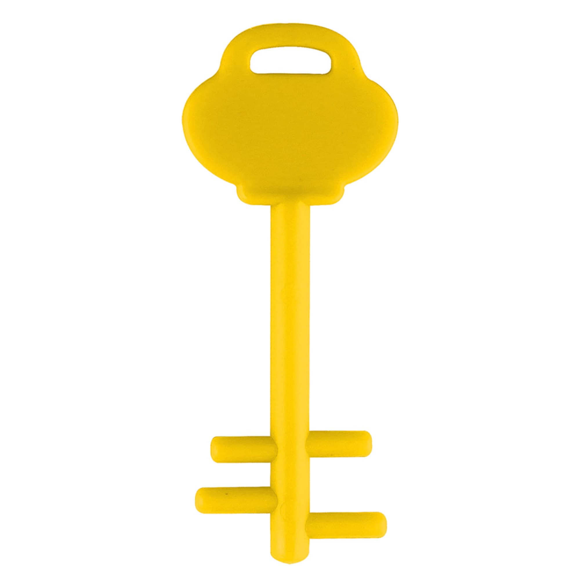 A yellow key-shaped mobile phone stand with a handle and a sturdy base. It features a logo.
