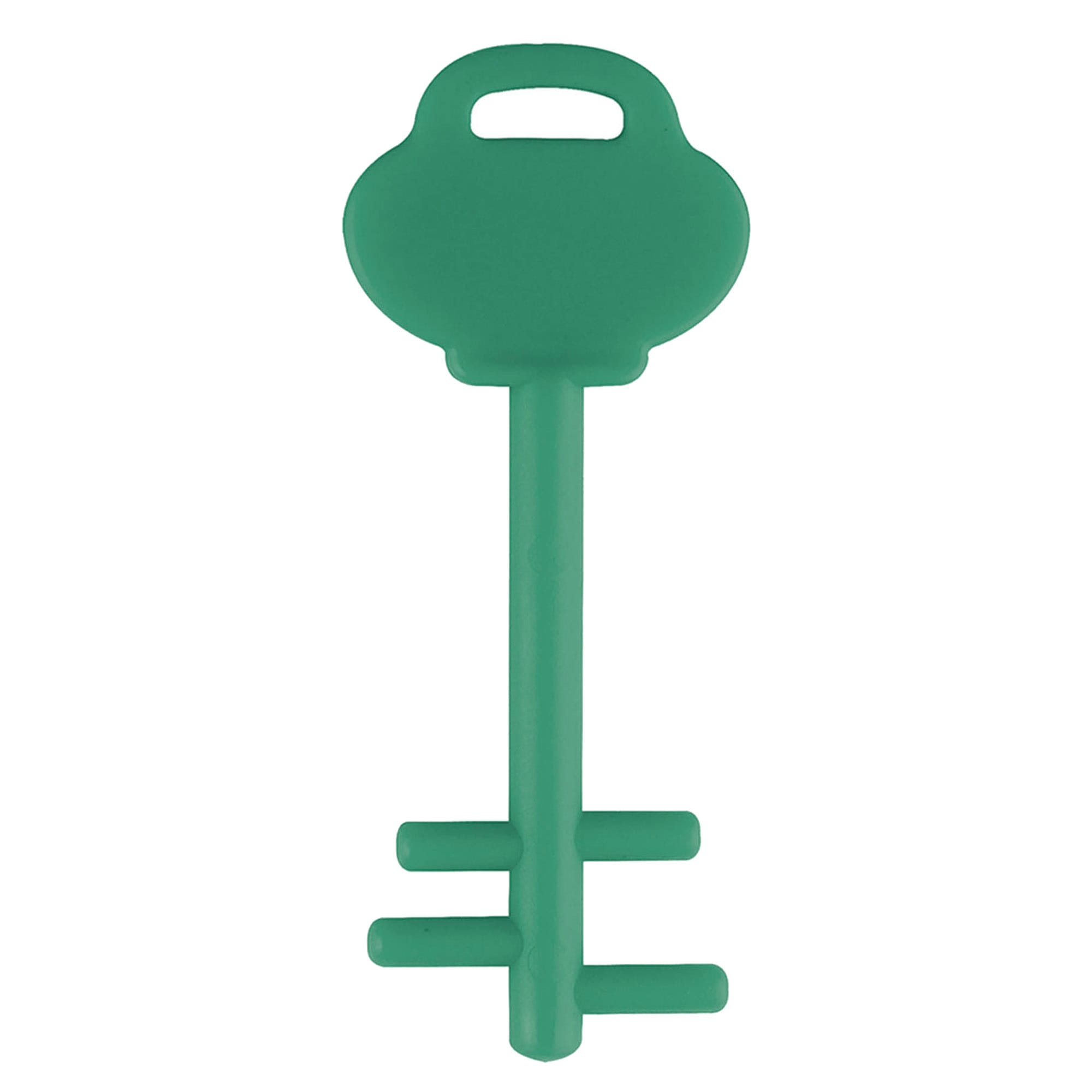 A green mobile key stand with a key-shaped design and a handle. It features multiple prongs for phone support.