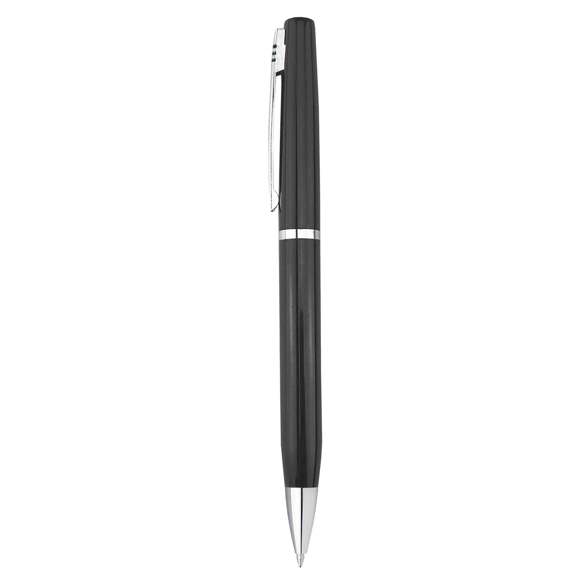 A sleek black metal pen with a silver clip and detailed accents. Features branding on the barrel.